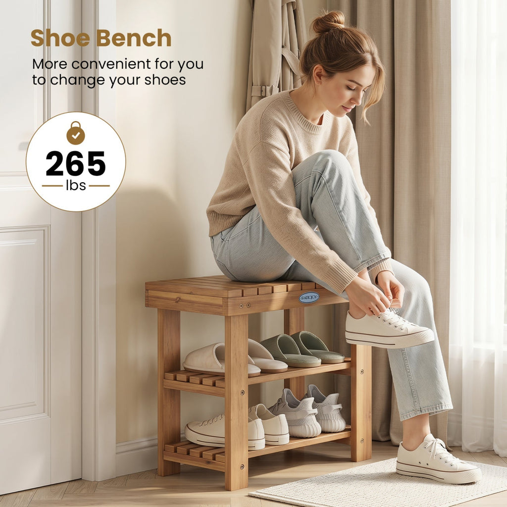 3-Tier Solid Wood Shoe Rack Bench with Slatted Shelves