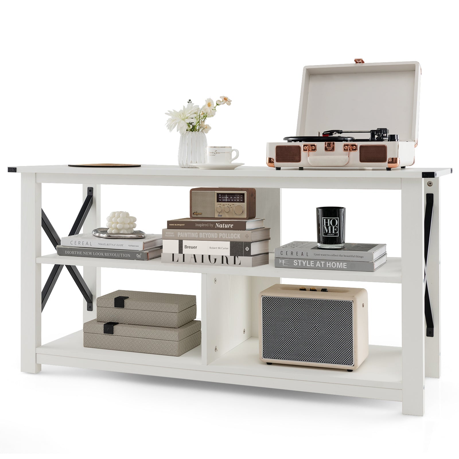 3 Tier Wood TV Stand for 55-Inch with Open Shelves and X-Shaped Frame