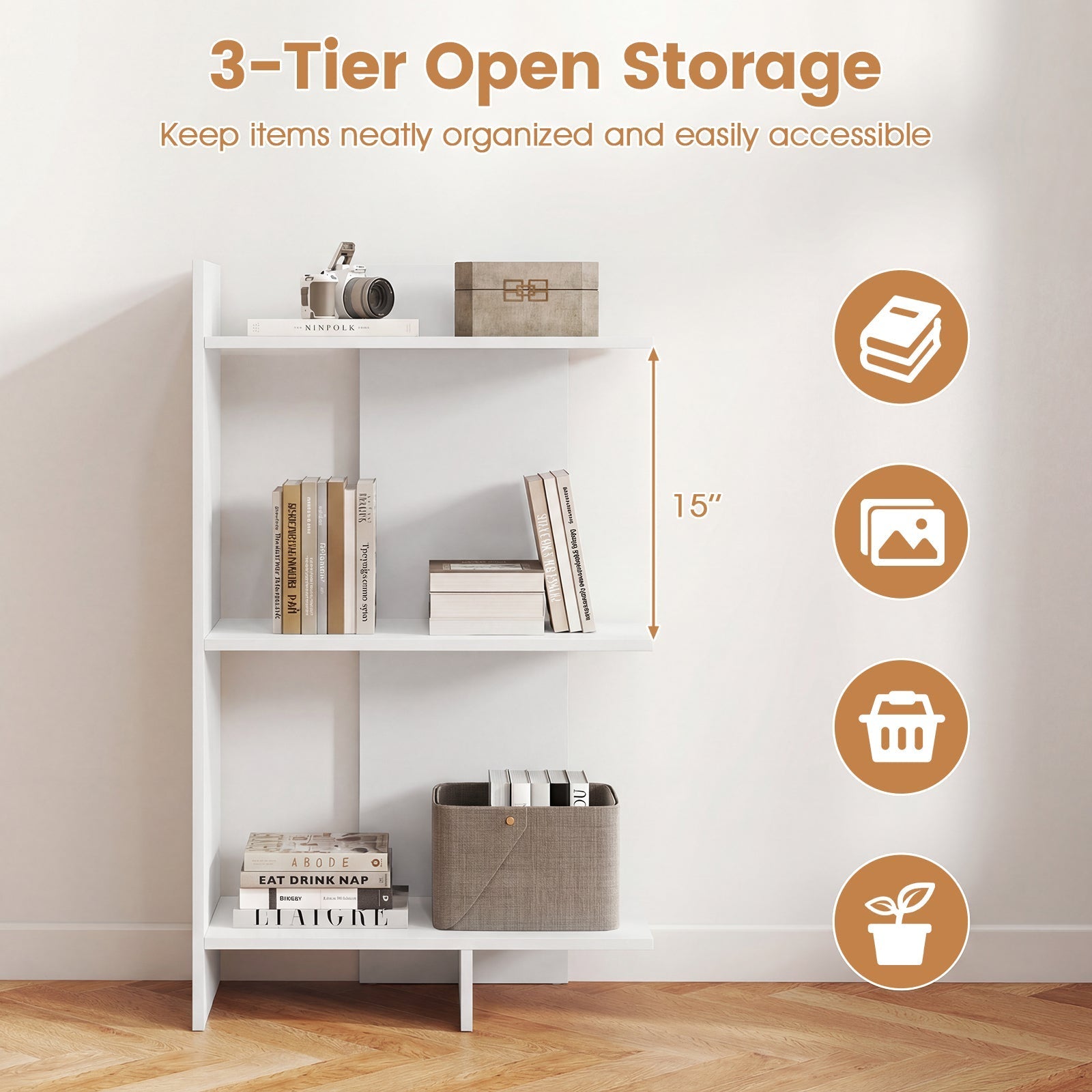 3 Tier Wooden Bookshelf with Anti-Tipping Kit