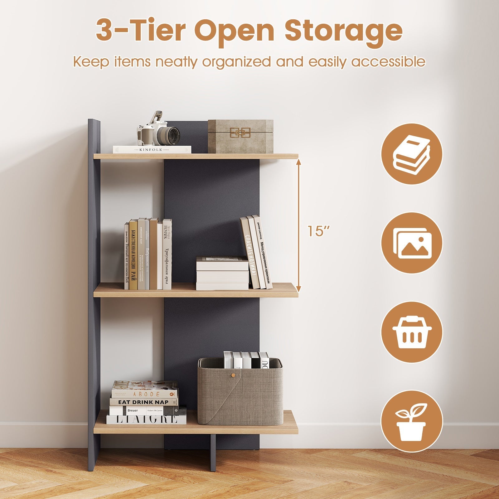 3 Tier Wooden Bookshelf with Anti-Tipping Kit