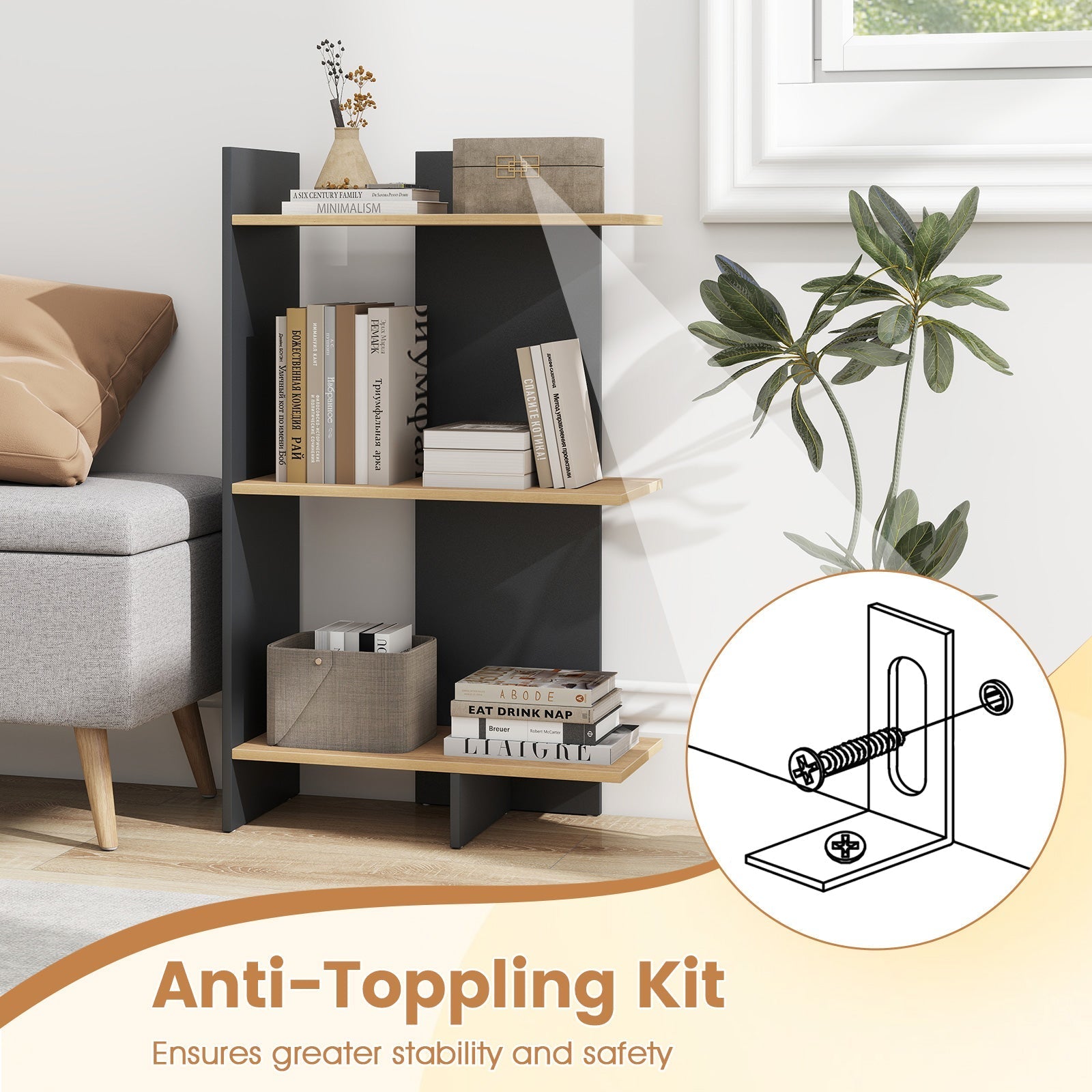 3 Tier Wooden Bookshelf with Anti-Tipping Kit
