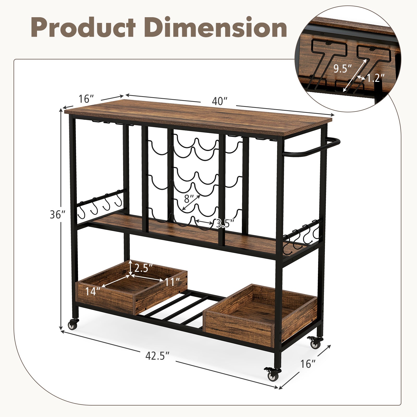 3 Tiers Bar Cart on Wheels with Glass Racks