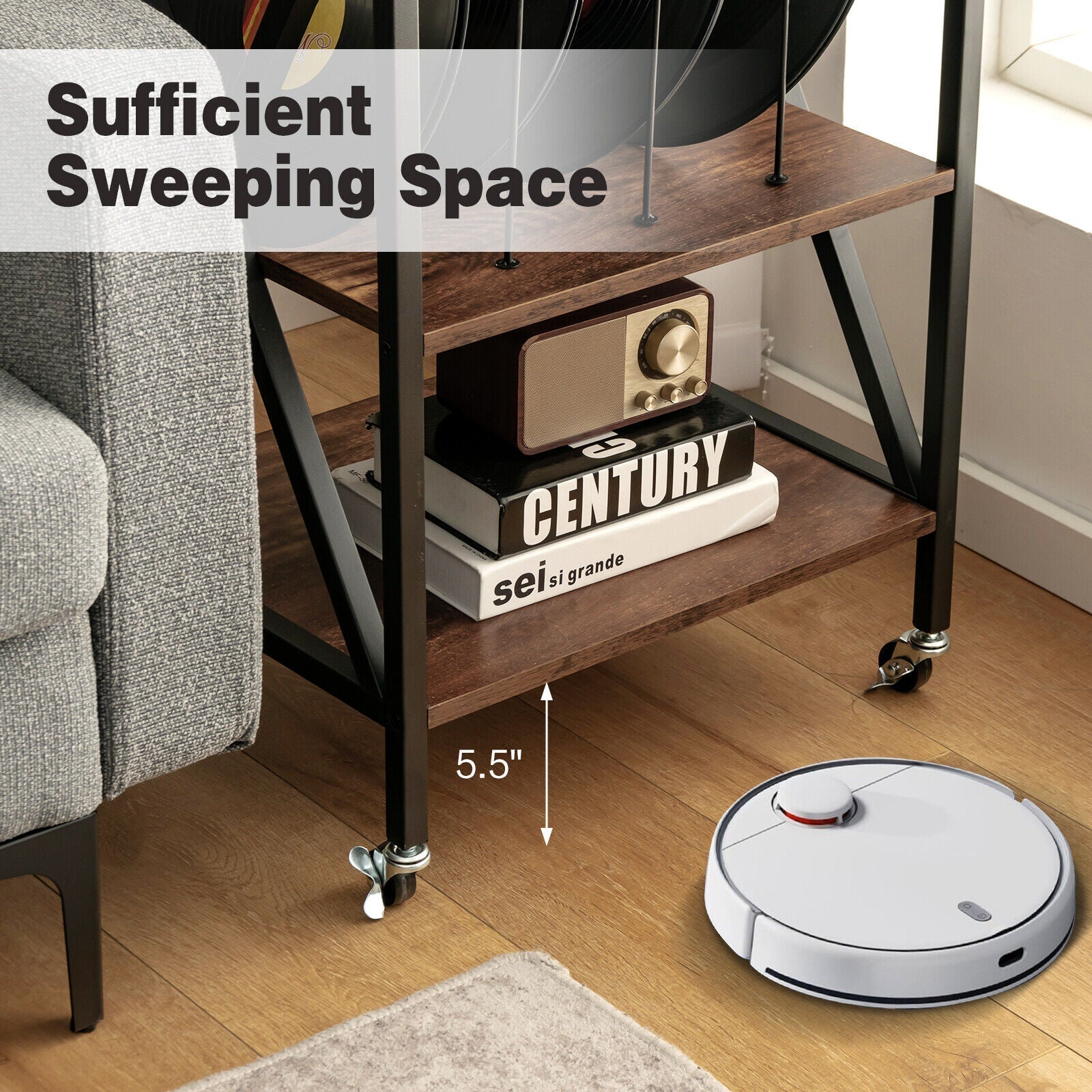 3 Tiers Vintage Style Rolling End Table with 3 Dividers for Albums-Brown