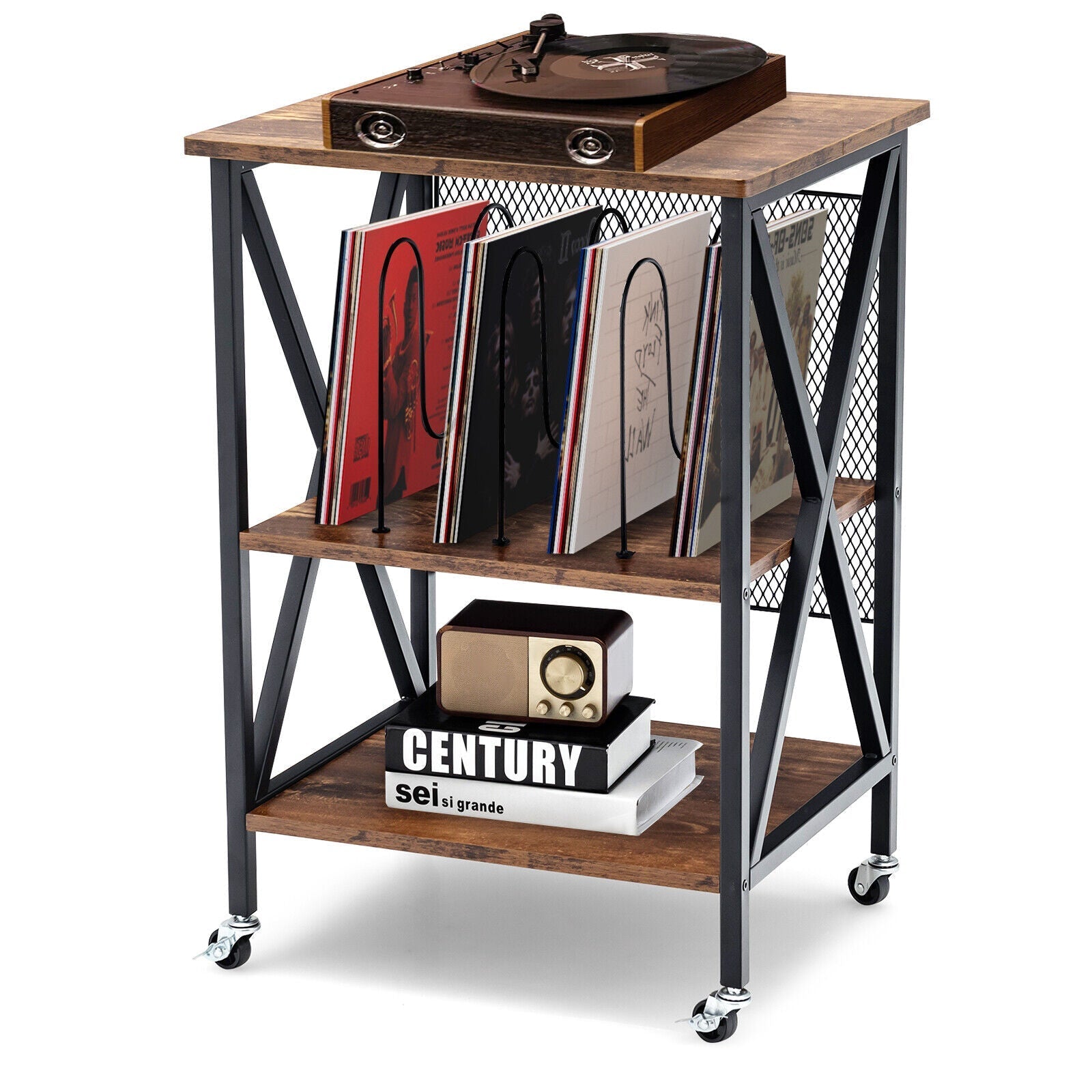3 Tiers Vintage Style Rolling End Table with 3 Dividers for Albums-Brown
