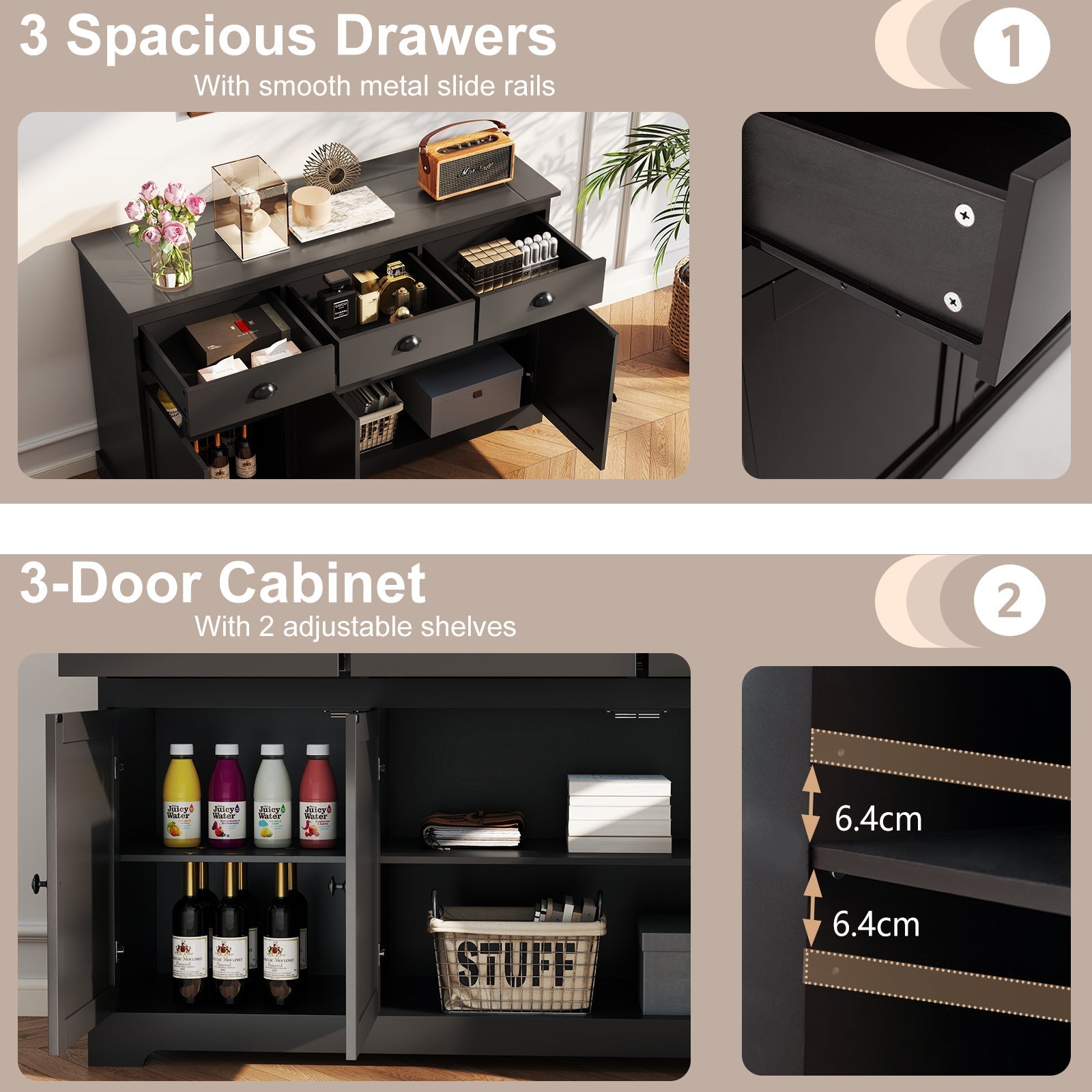 3 Drawers Sideboard Buffet Storage with Adjustable Shelves