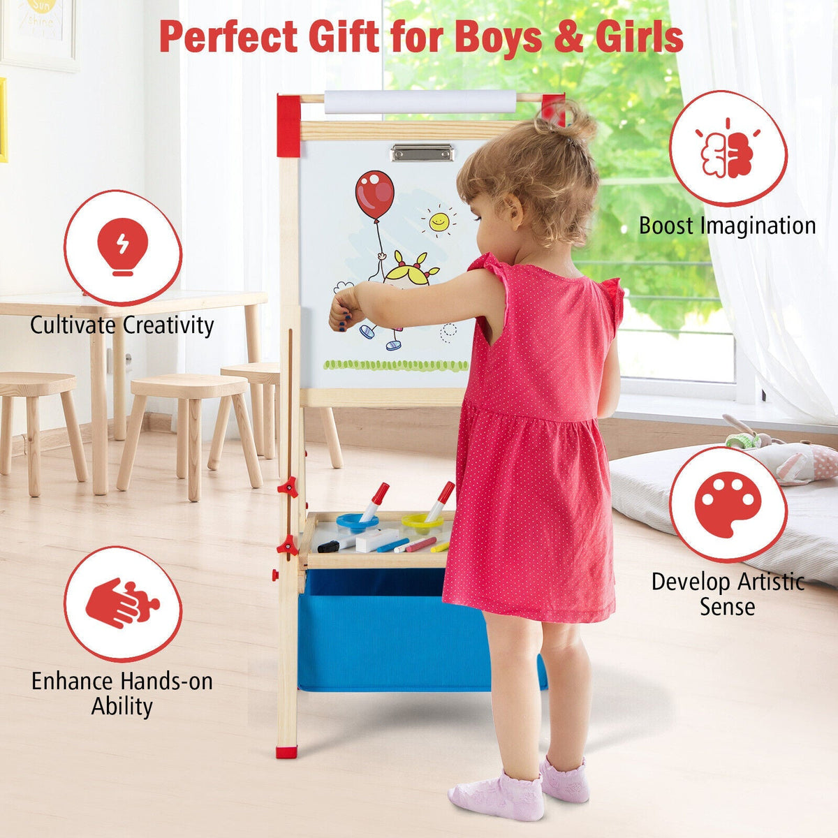 3-in-1 Double-Sided Adjustable Kid Easel for 3-8 Years Old Toddlers
