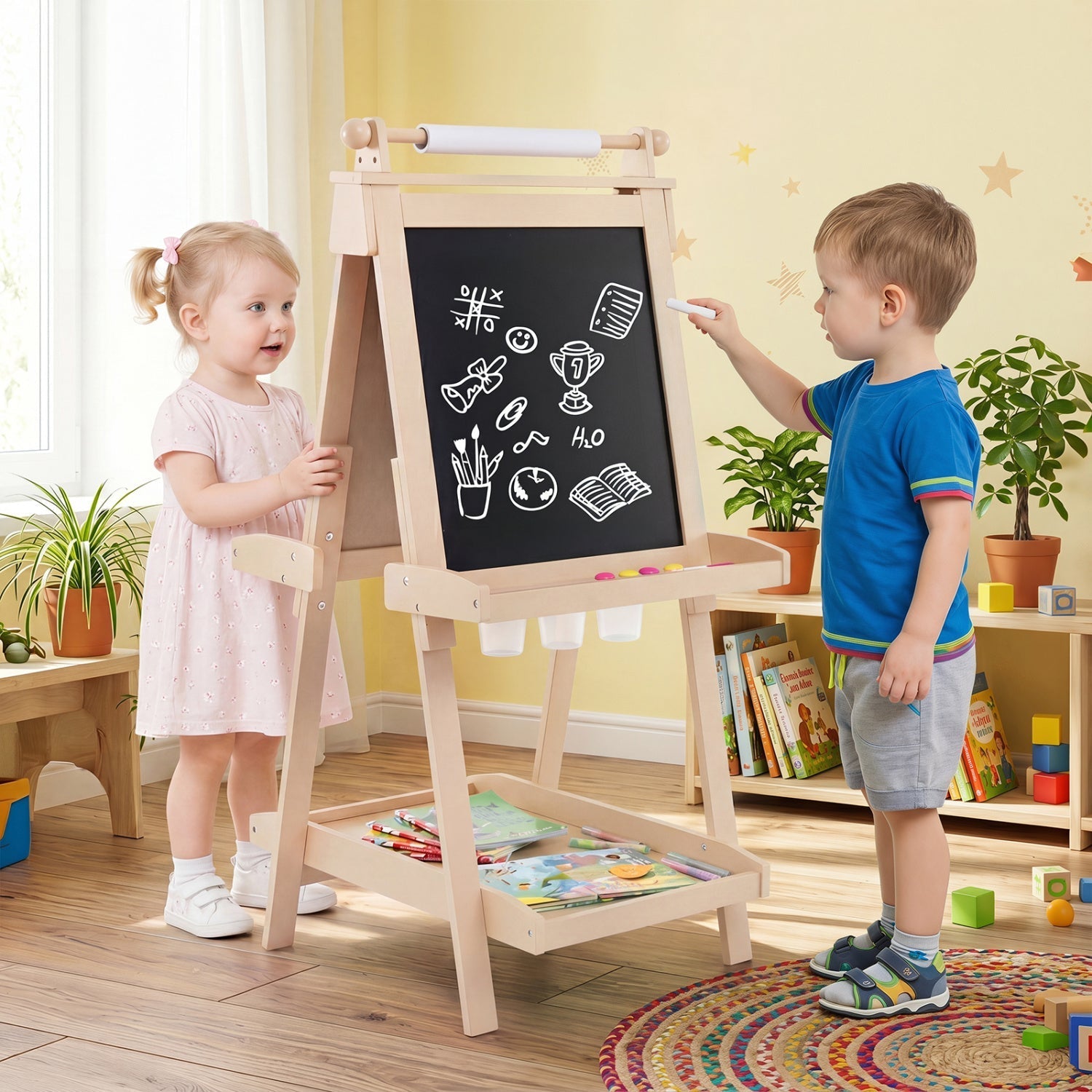 Double-Sided Kids Art Easel with Chalkboard & Whiteboard