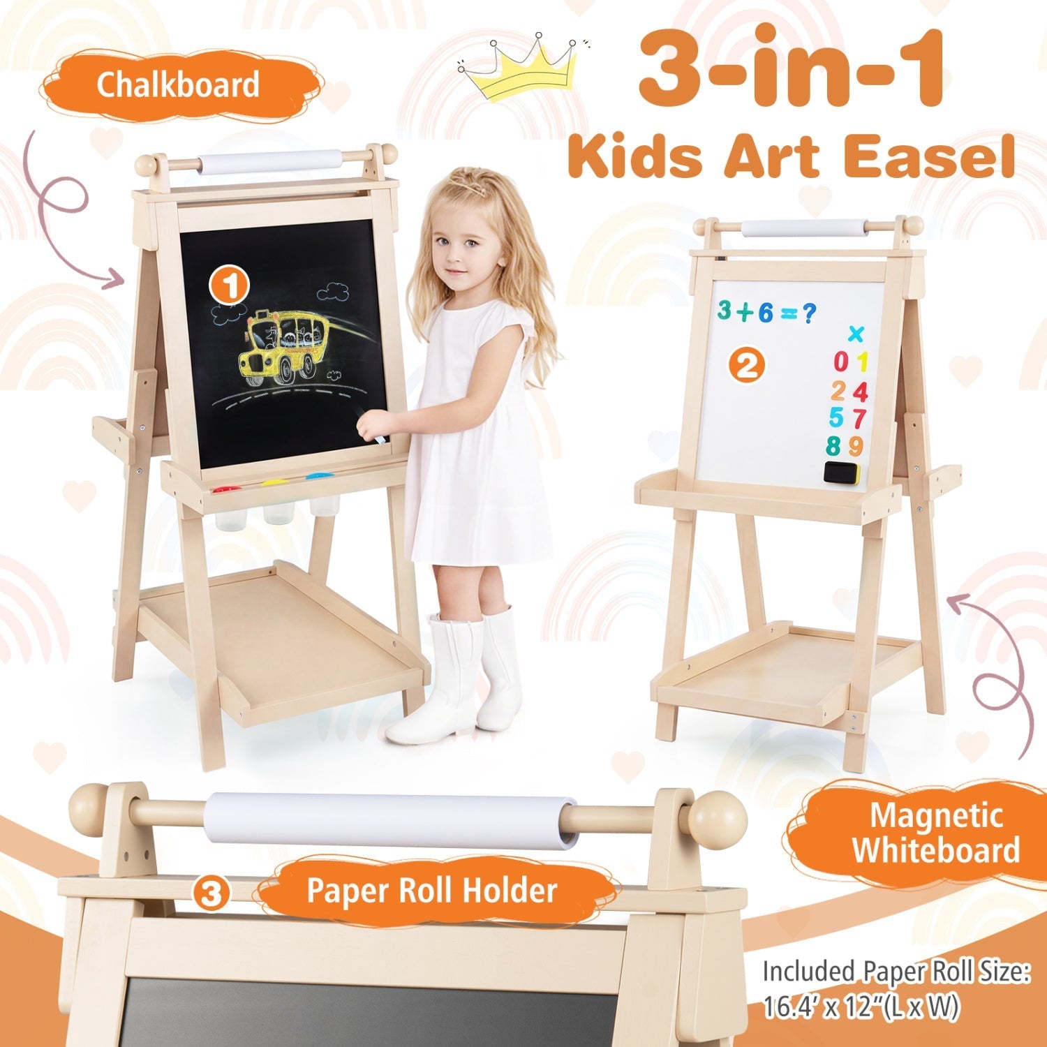 Double-Sided Kids Art Easel with Chalkboard & Whiteboard