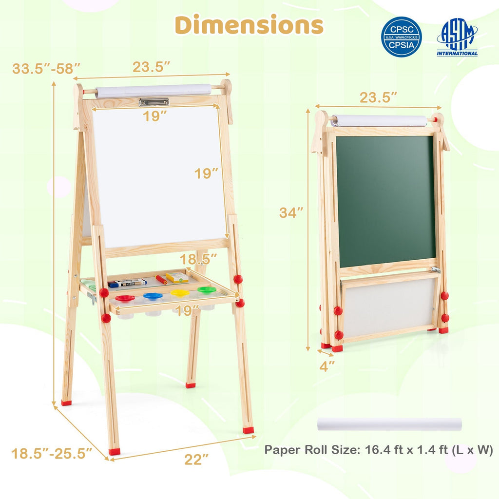 3-in-1 Double-Sided Folding Wooden Kids Art Easel with Paper Roll