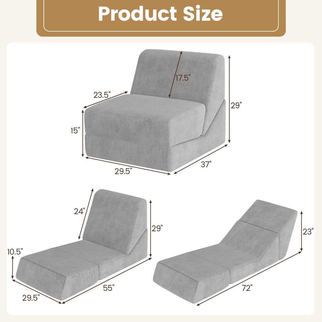 3-in-1 Folding Sofa Bed with Washable Zippered Cover-Gray