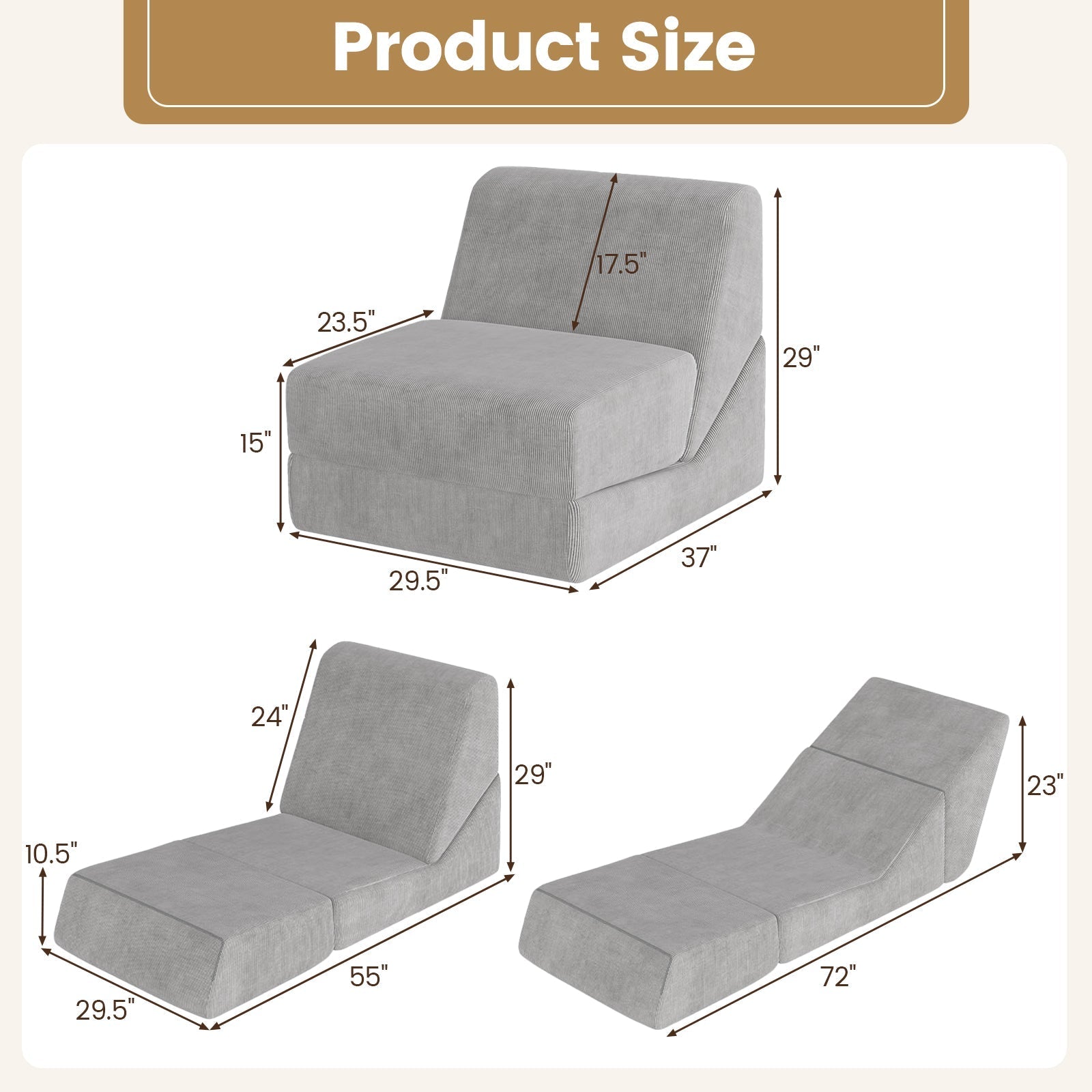 3-in-1 Folding Sofa Bed with Washable Zippered Cover-Gray