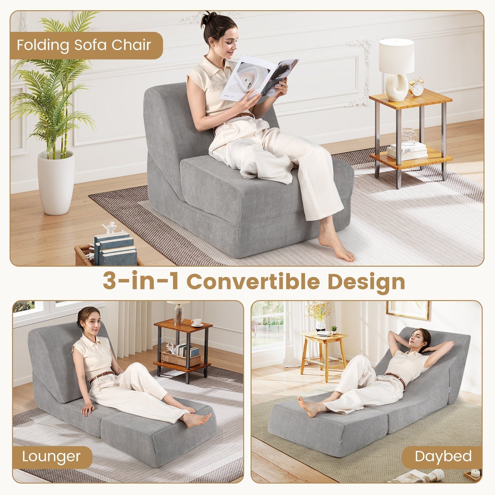 3-in-1 Folding Sofa Bed with Washable Zippered Cover-Gray