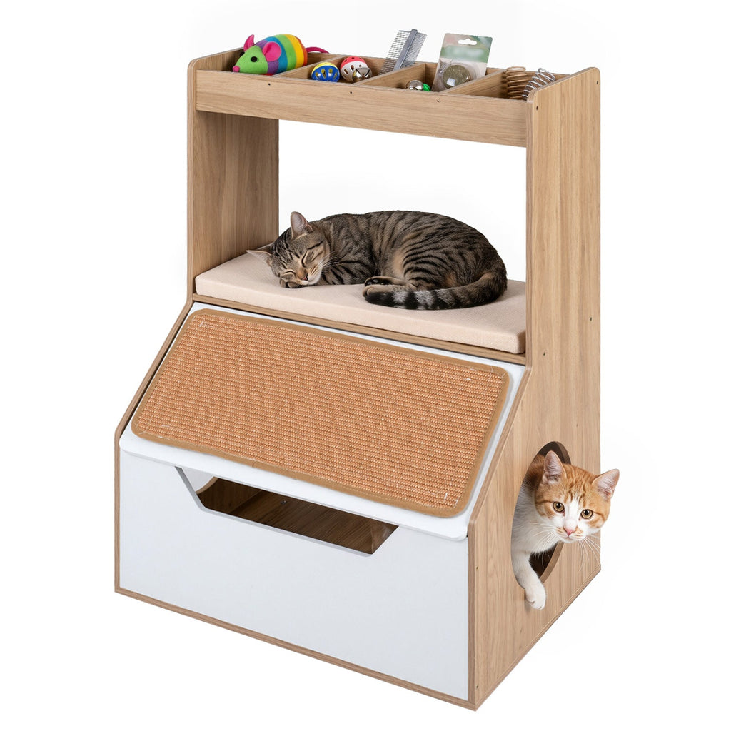 Hidden Cat Litter Box Cabinet with Scratching Pad & Cushion
