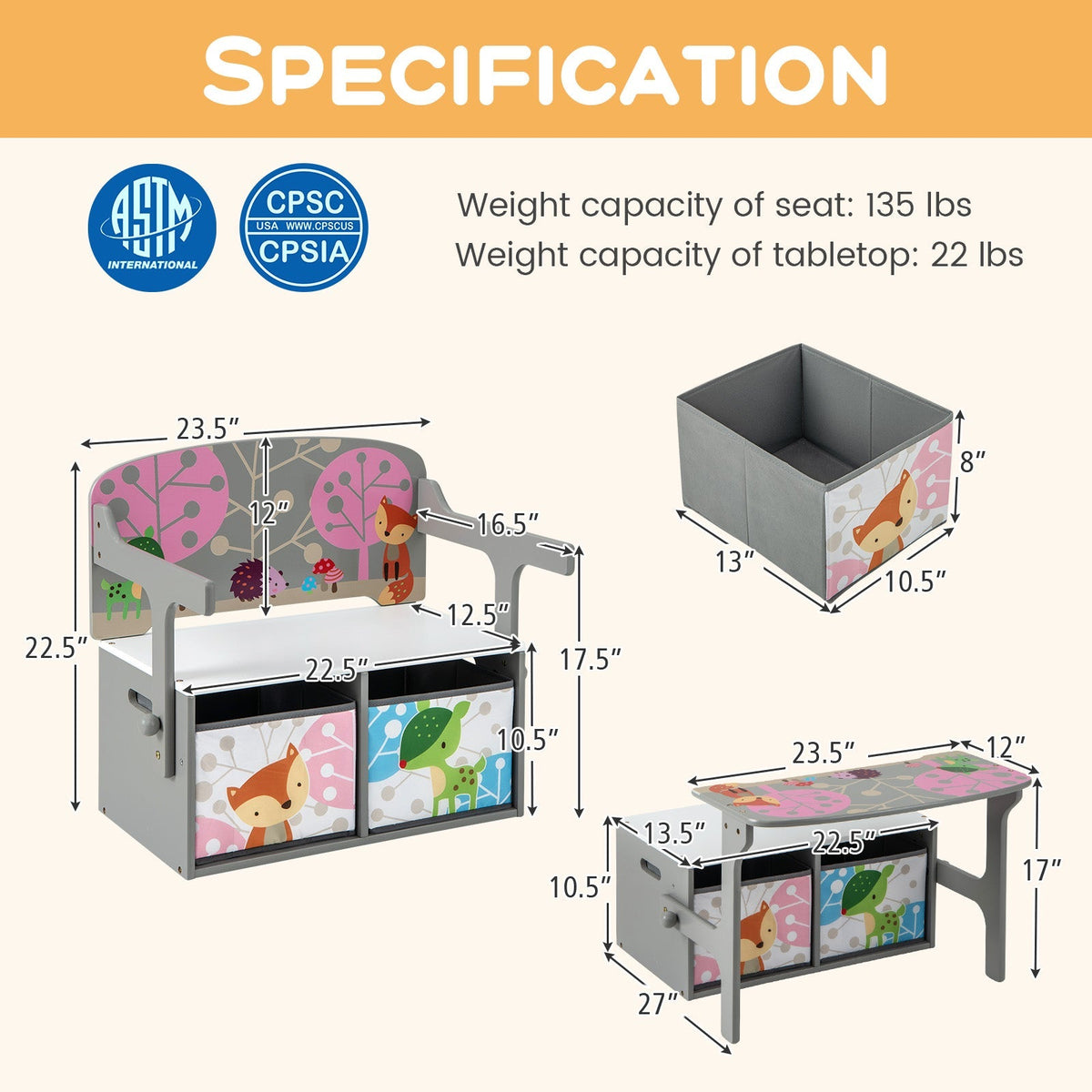 3 in 1 Kids Convertible Activity Bench with 2 Removable Fabric Bins