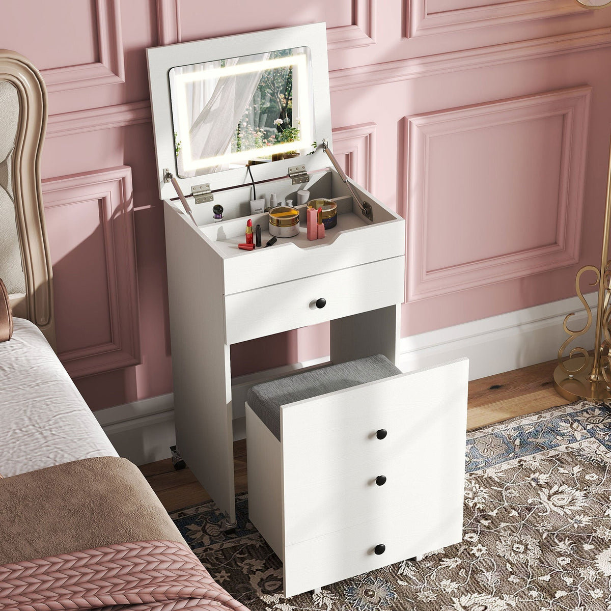 3-in-1 Small Vanity Desk Set with Flip-top Mirror and Lights with Drawers and Stool-White