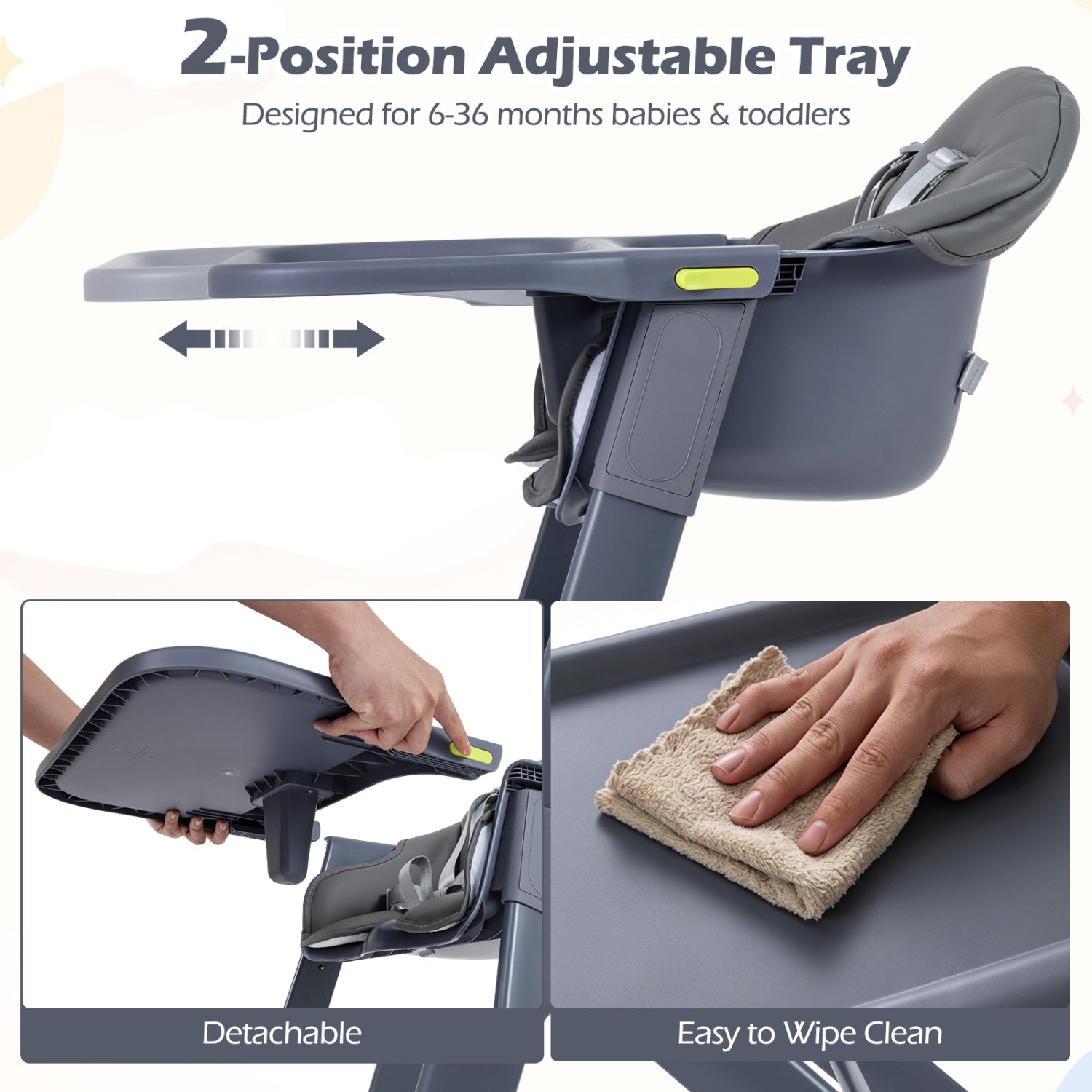 3-in-1 Washable Baby High Chair with Tray Footrest