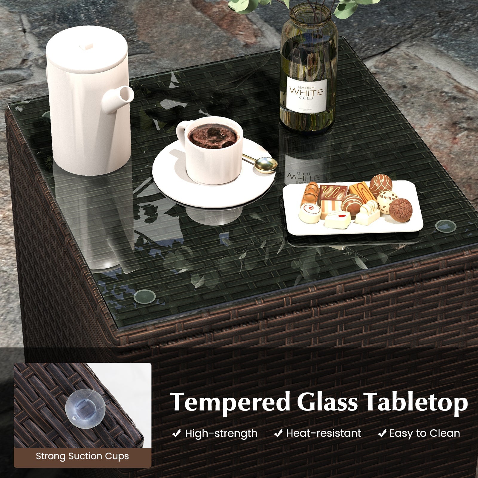 3 Pieces Outdoor Conversation Set with Cushioned Seat and Glass Tabletop