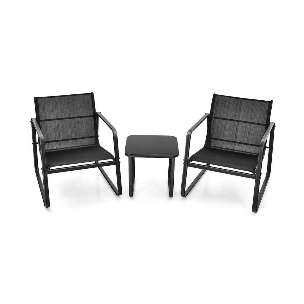 3 Pieces Patio Bistro Furniture Set with Glass Top Table Garden Deck-Black