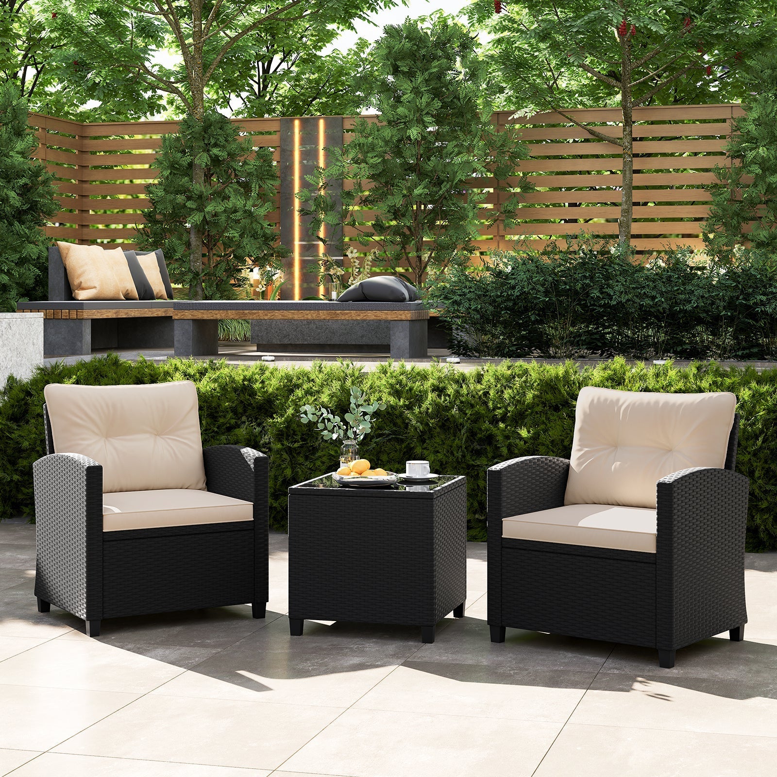 3 Pieces Patio Furniture Set with Tempered Glass Coffee Table