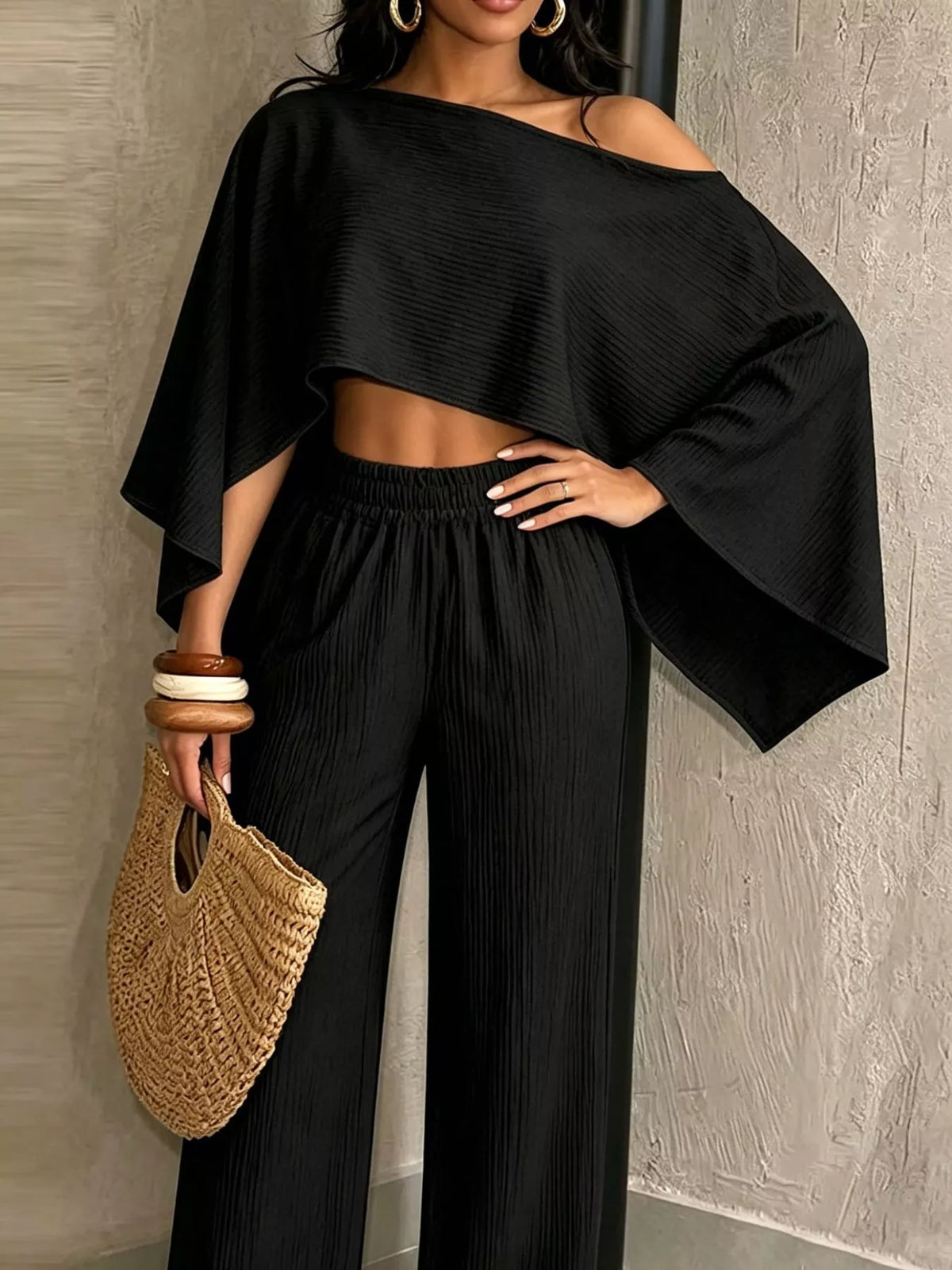 Boat Neck Crop Top and Wide-Leg Pants Set