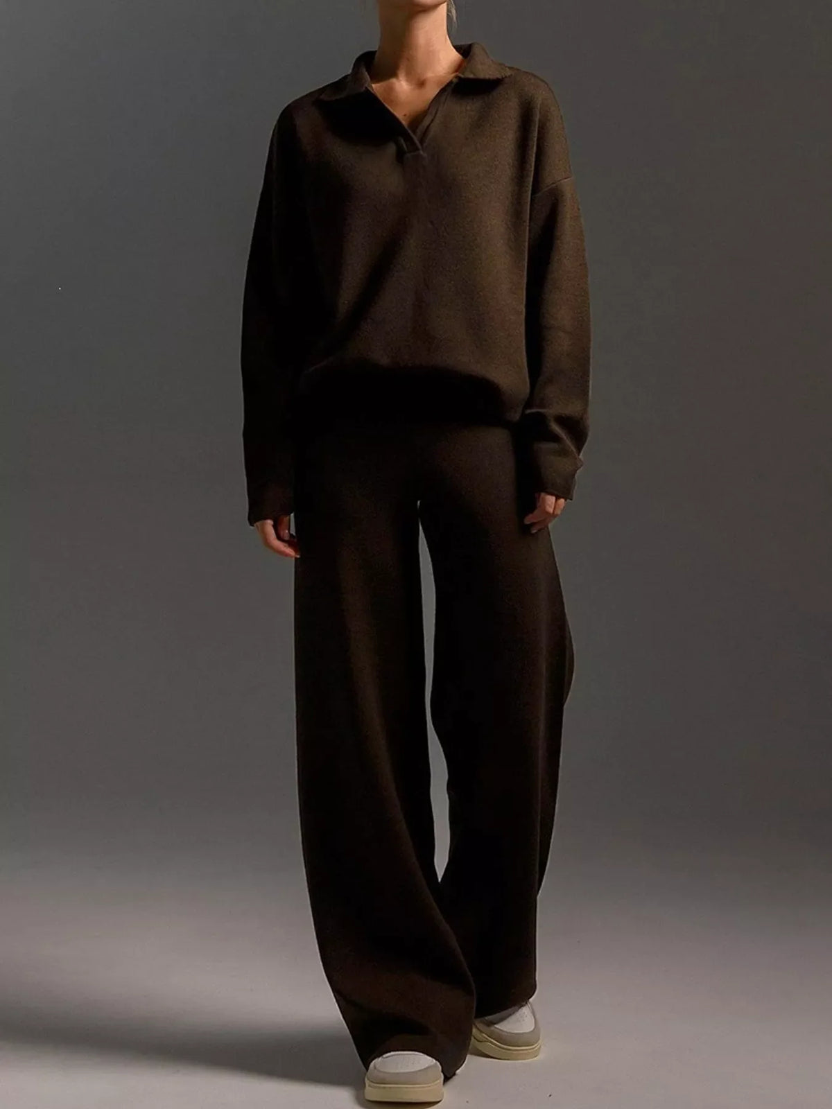 Polo Collar Top and Wide-Leg Pants Set