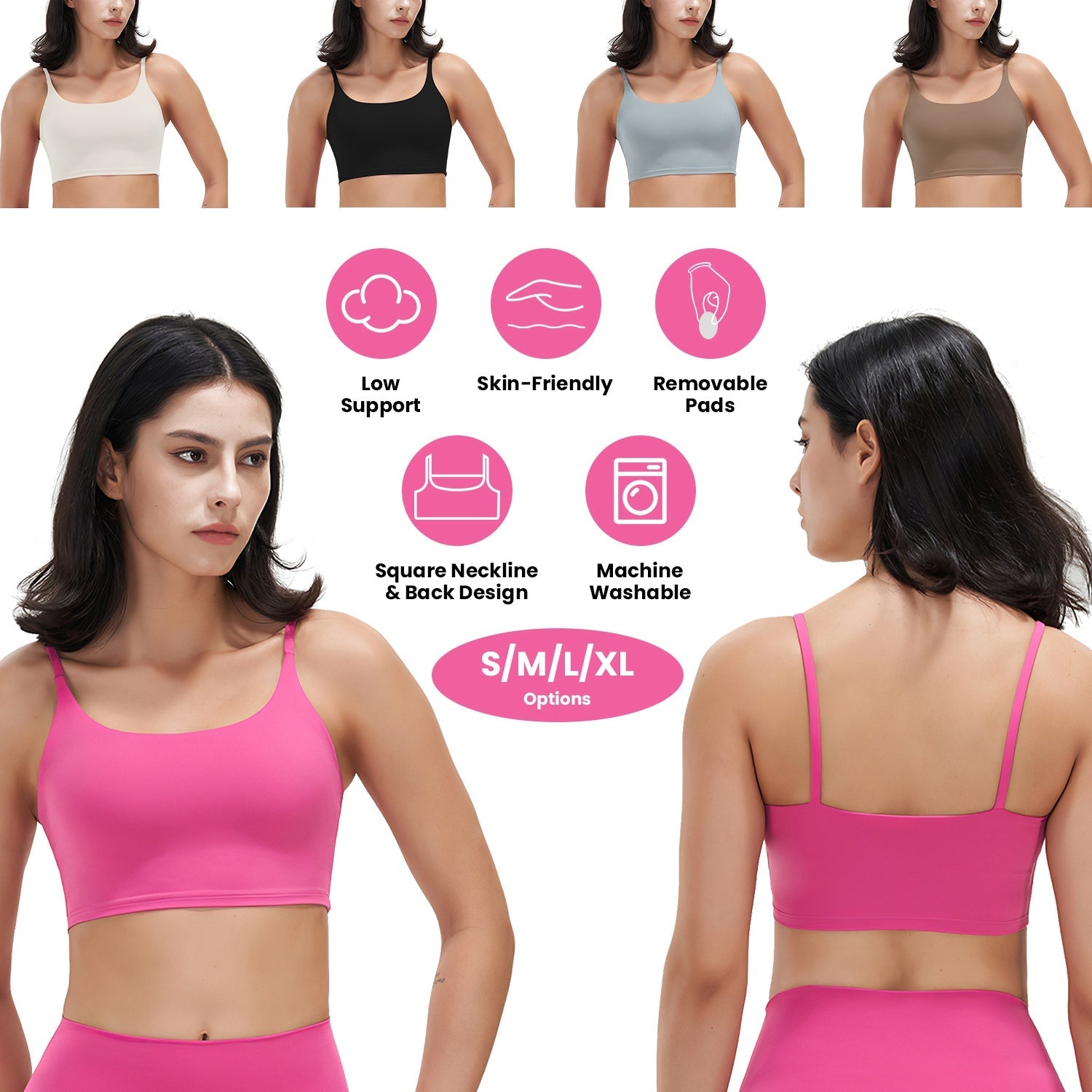 Women Sport Bras with Removable Pads, Low-Impact Square Neck