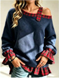 Full Size Cold-Shoulder Plaid Patchwork Long Sleeve Top Plus Size