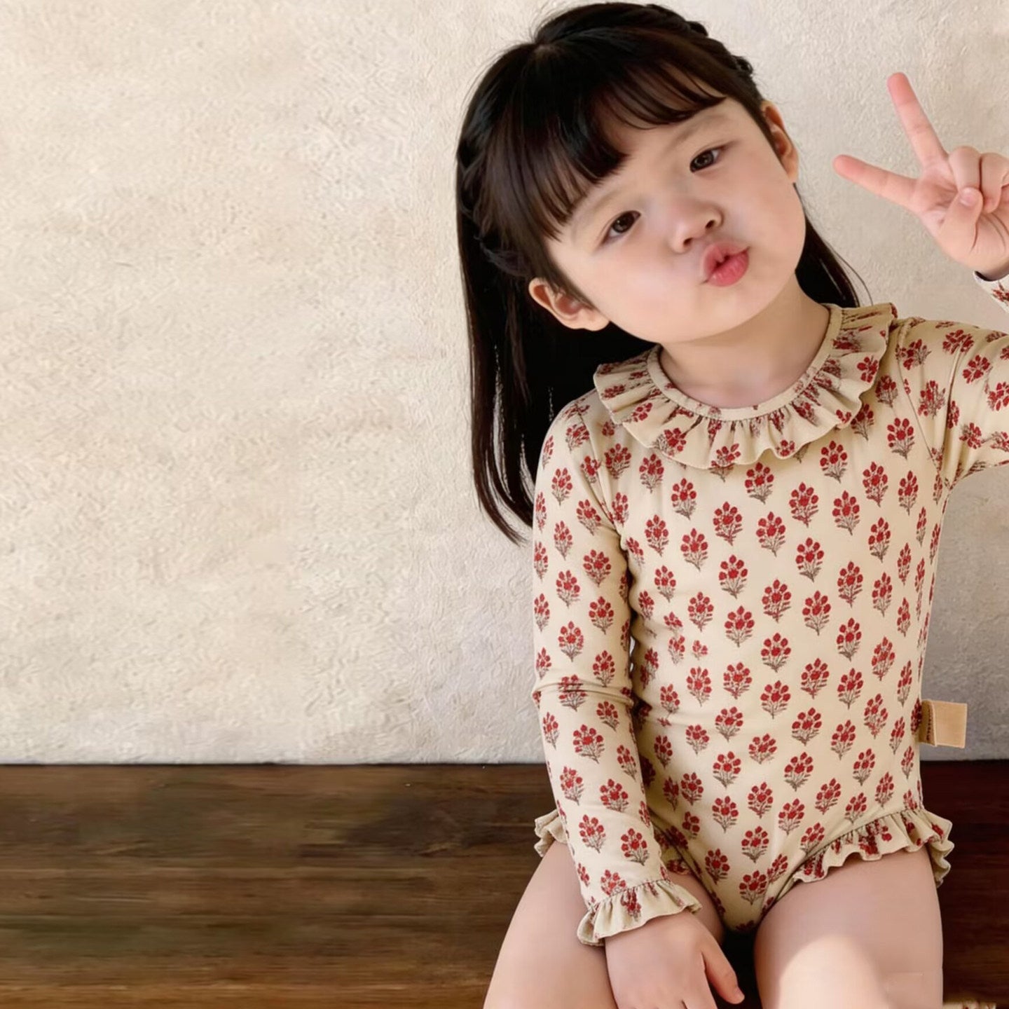 New style Korean style Retro Polka dot Long sleeve One piece Swimsuit For Babies