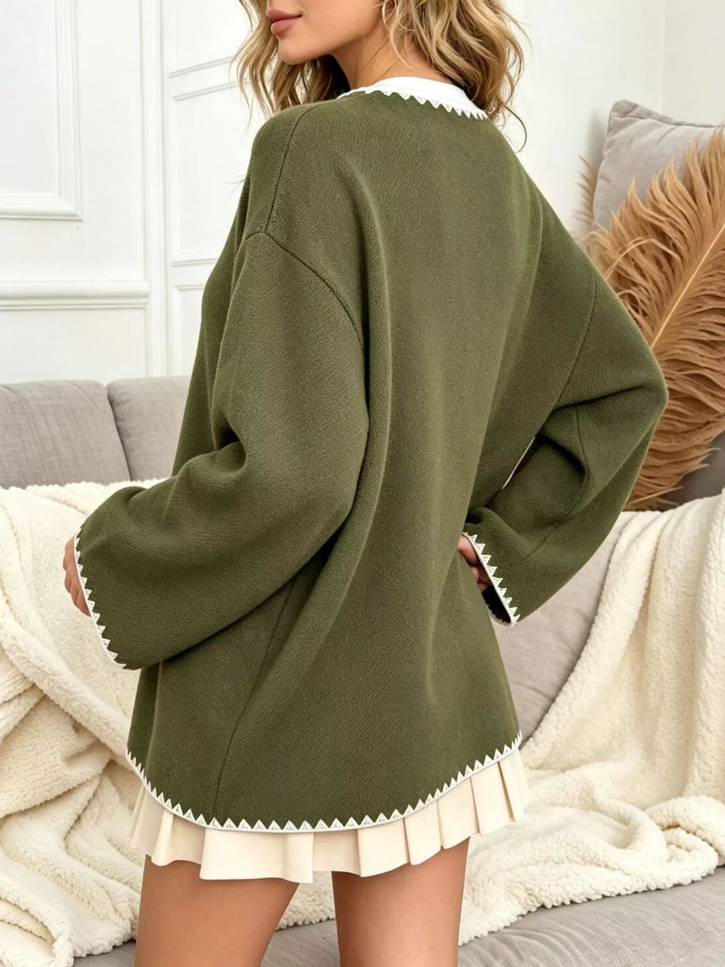 Contrast Trim Button-Front Outerwear