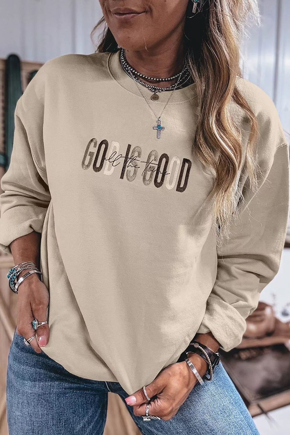 God Is Good Letter Graphic Crew Neck Sweatshirt