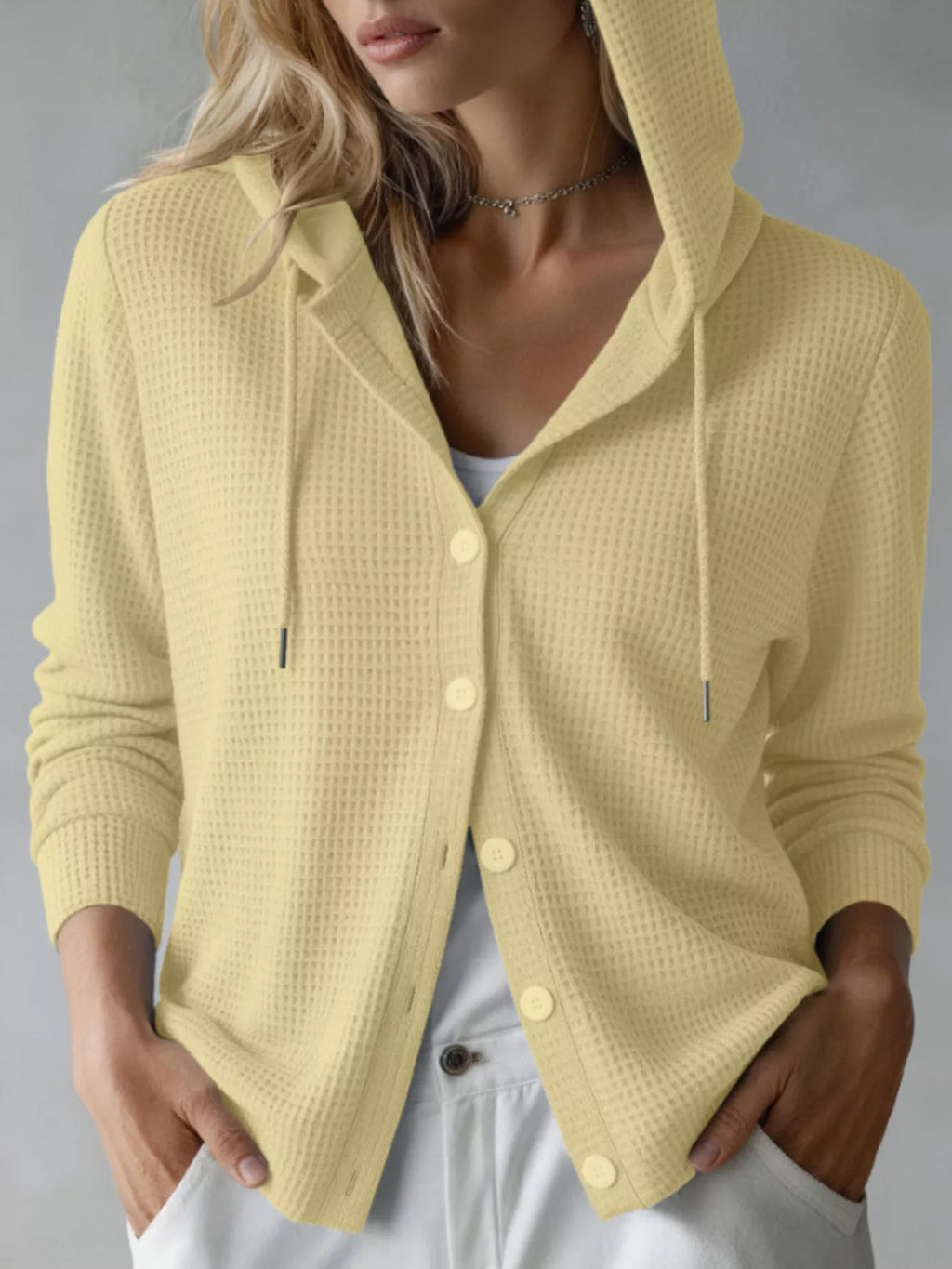 Waffle Knit Button-Down Hooded Cardigan