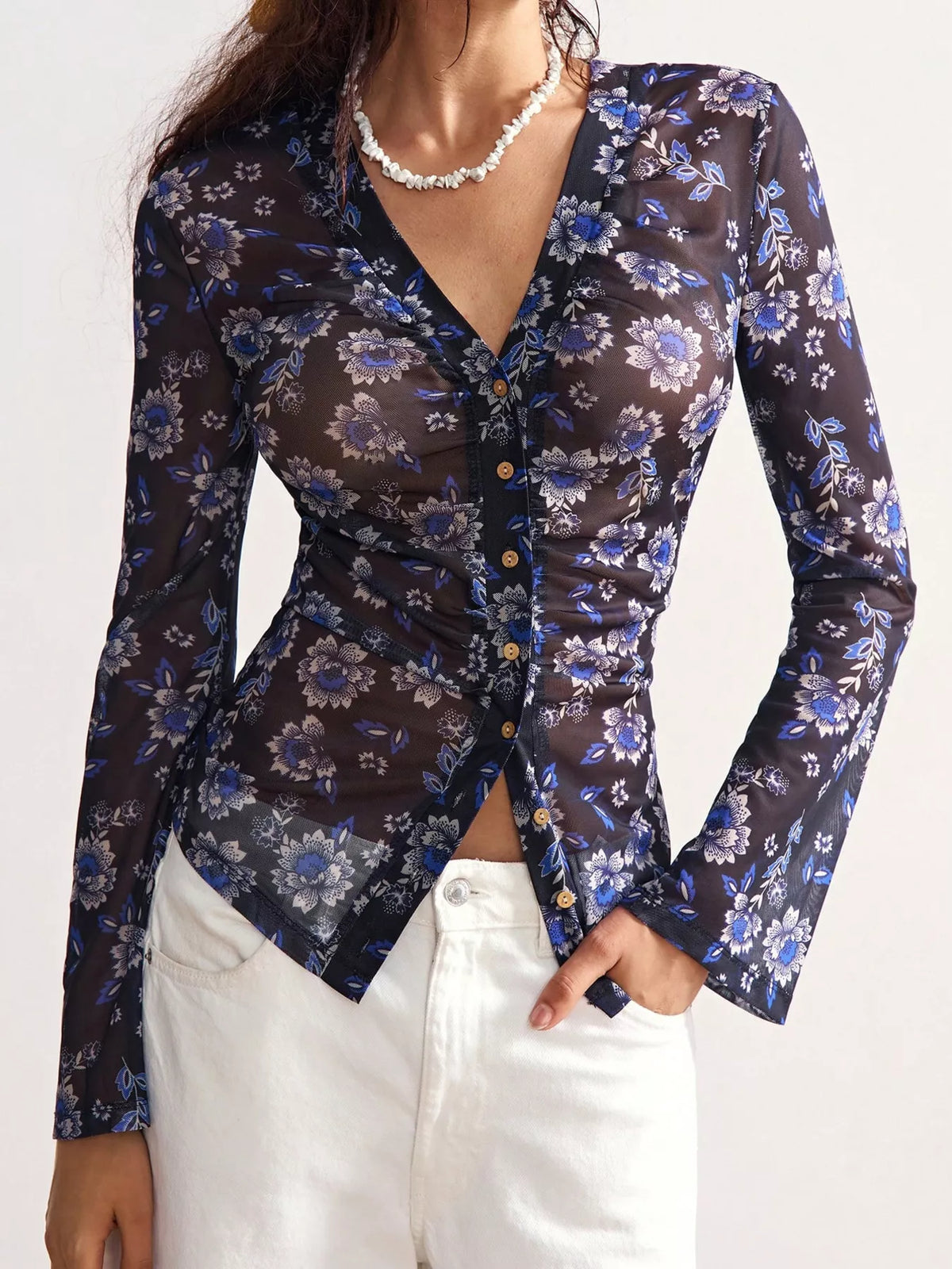 Printed Flare Sleeve Button Down Top