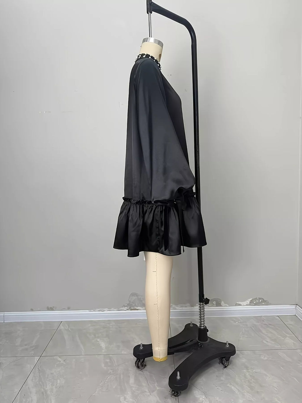 Pearl-Embellished Mock Neck Ruffle Hem Dress