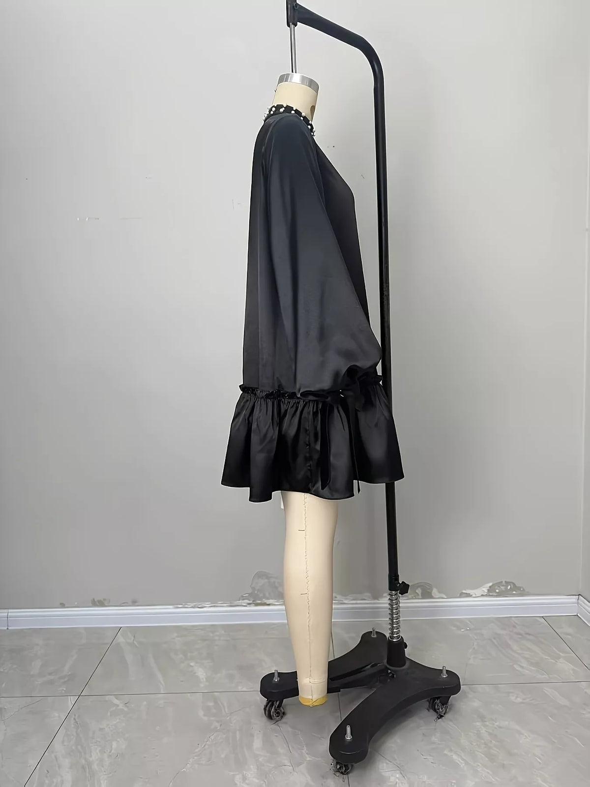 Pearl-Embellished Mock Neck Ruffle Hem Dress