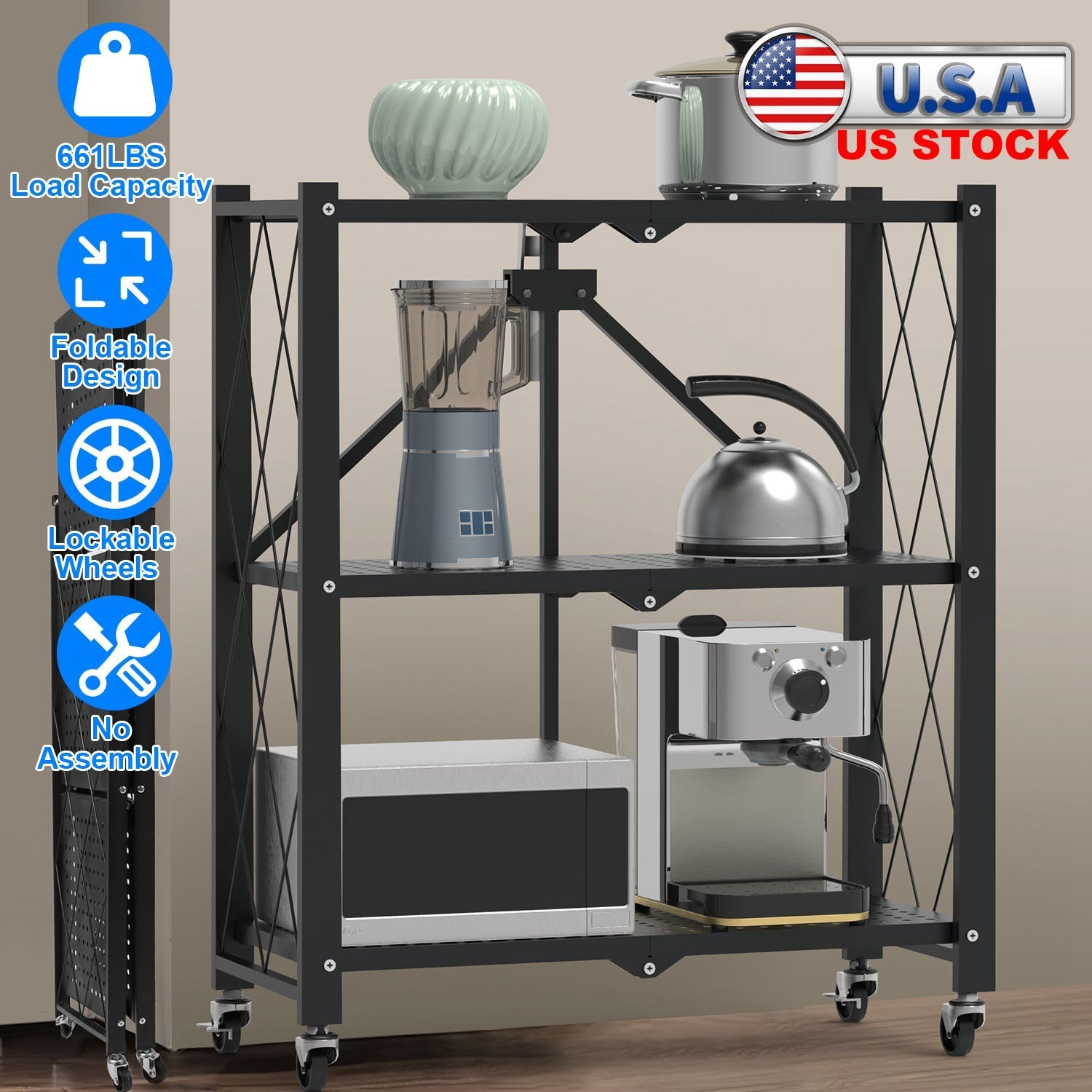 3-Tier Foldable Storage Shelf With Wheels