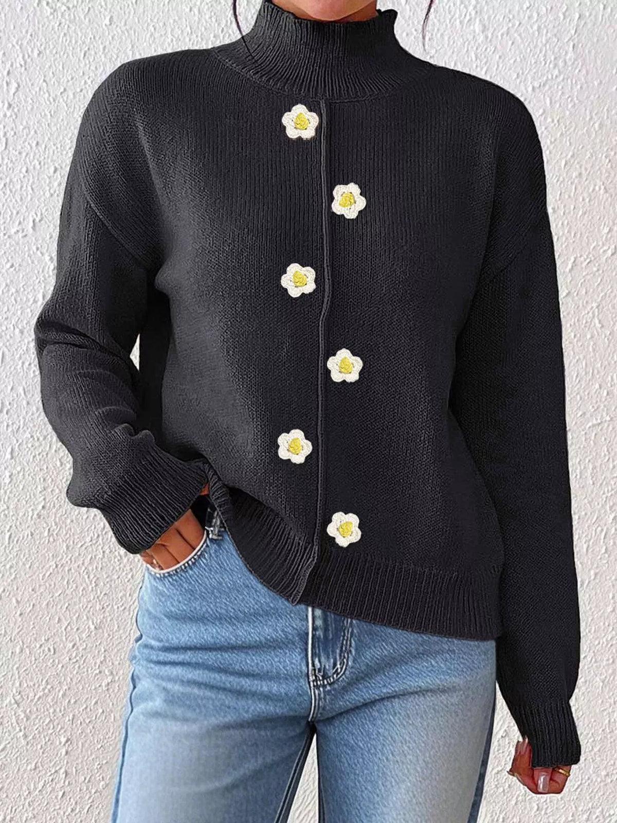 Floral Applique Turtleneck Sweater