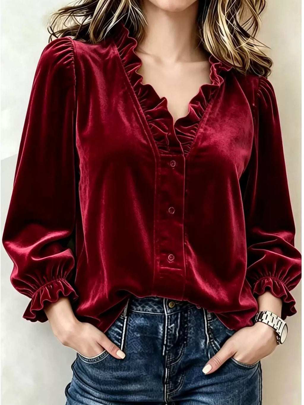 V-Neck Ruffled Velvet Button Down Blouse