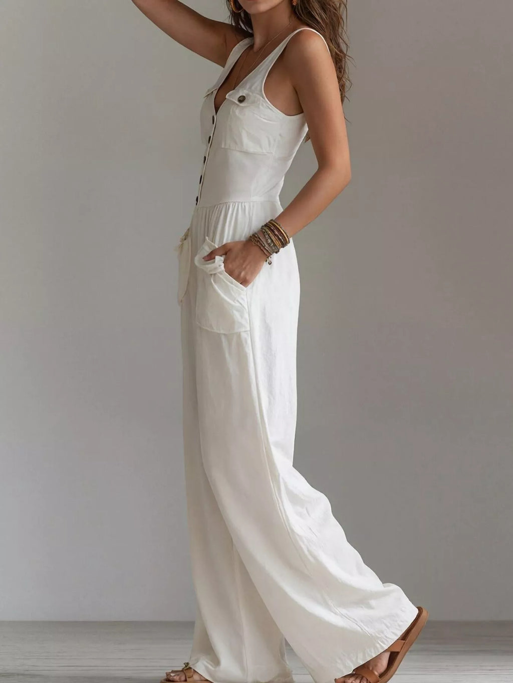 Sleeveless Button-Front Jumpsuit