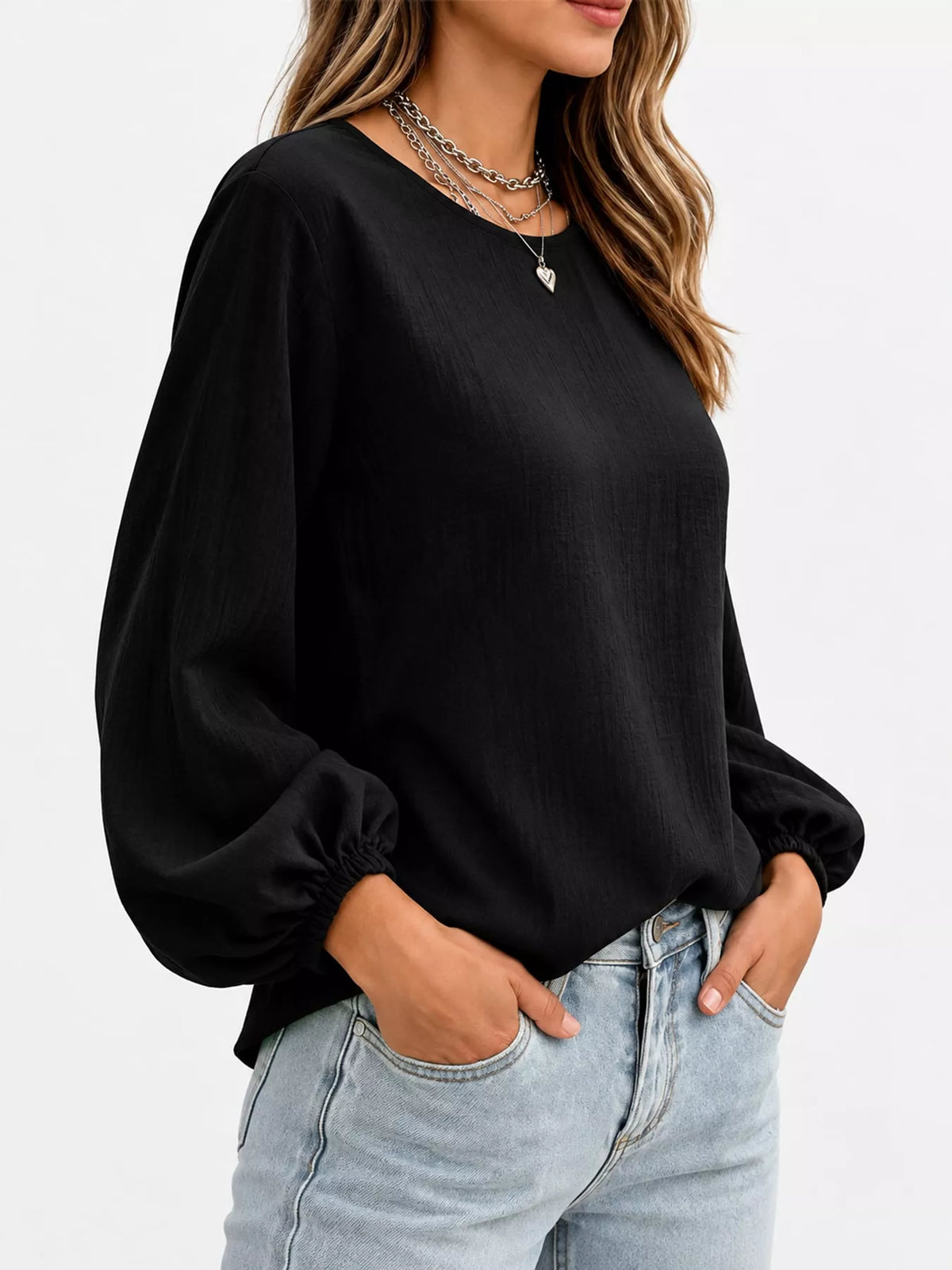 Full Size Elasticated Cuffs Long Sleeve Blouse Plus Size