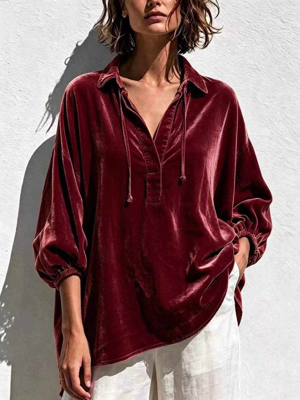 Full Size Oversized Velvet Collared Neck Drawstring Blouse Plus Size