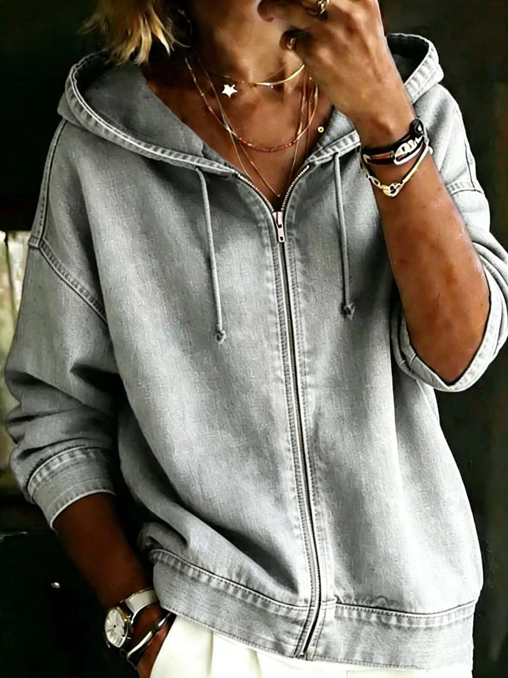 Full Size Zip-Up Dropped Shoulder Hoodie Plus Size
