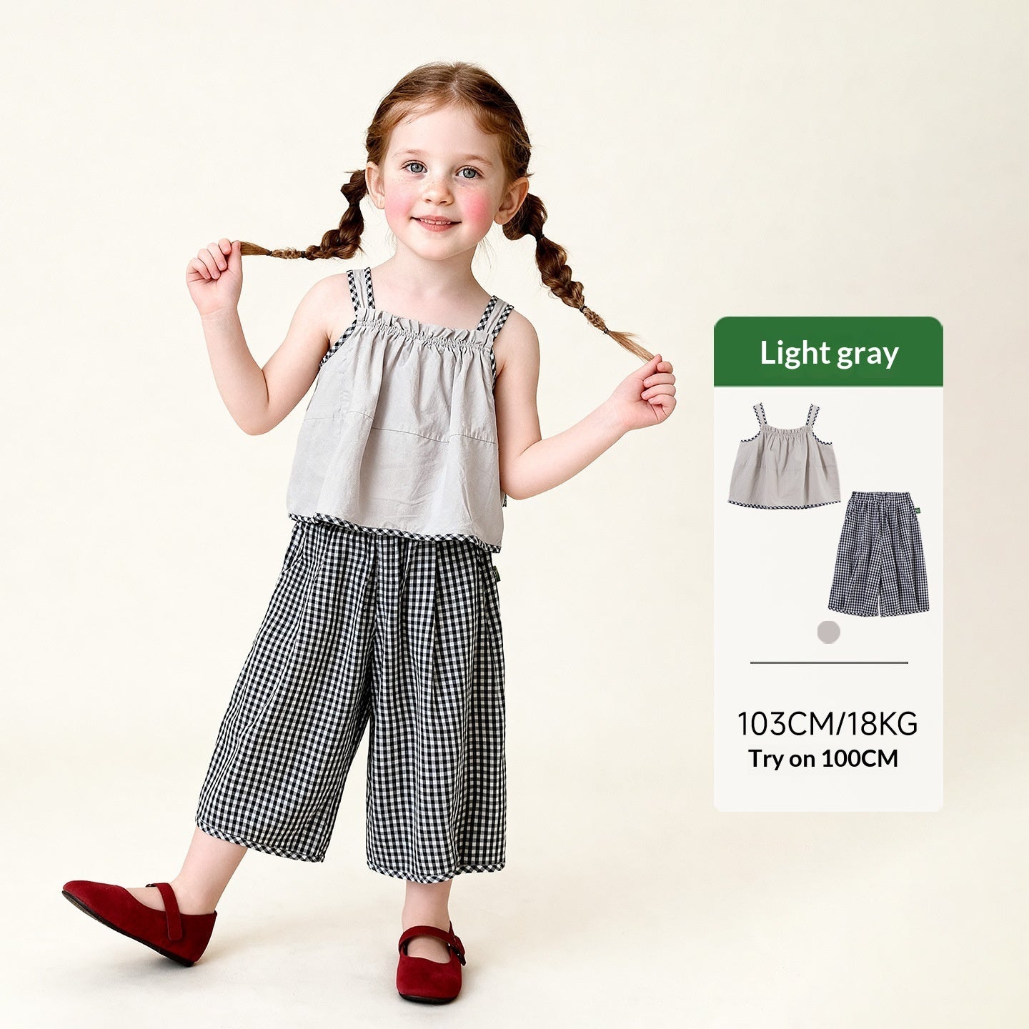 Girls Plaid Suspender Top And Bloomer Pants Two-Piece Set