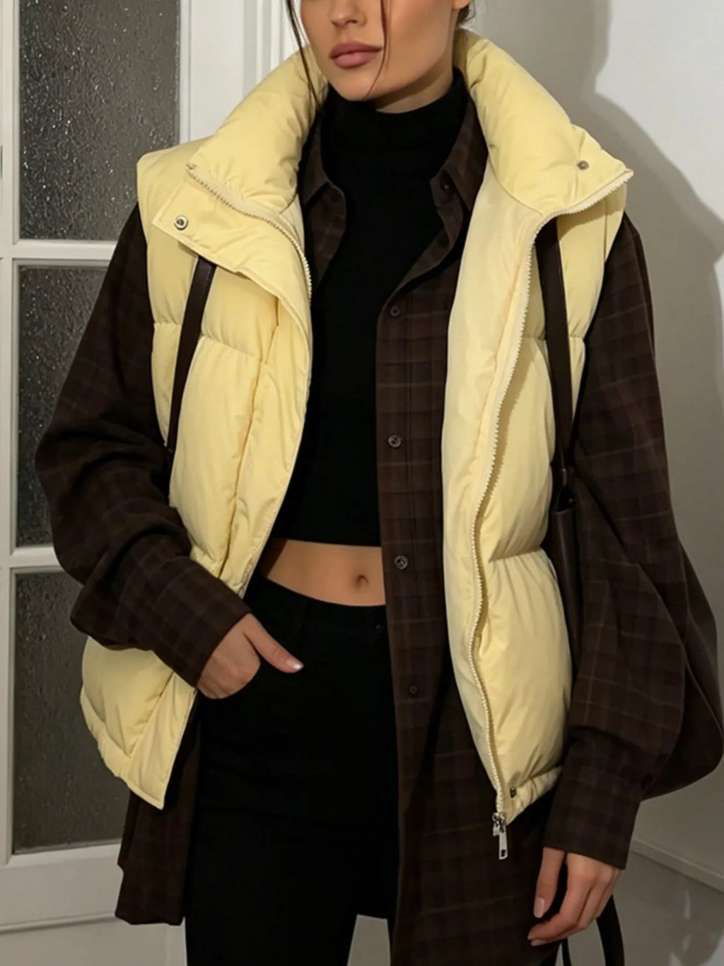 Snap-Button Placket Quilted Puffer Vest Coat