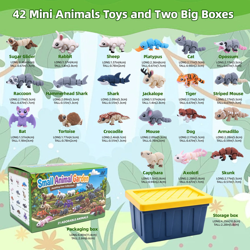 21PCS 3D Printed Mini Animal Figures With 2 Storage Boxes