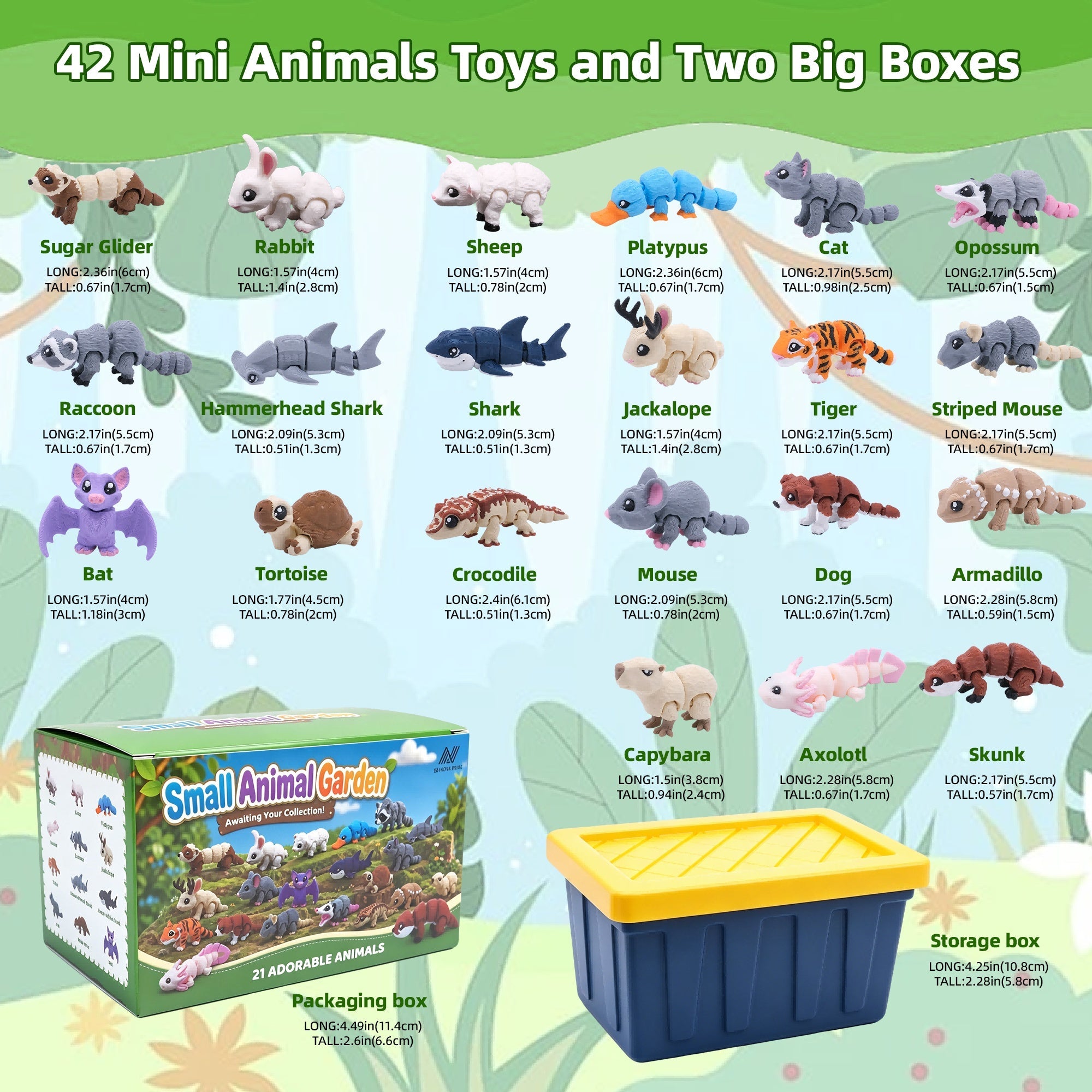 21PCS 3D Printed Mini Animal Figures With 2 Storage Boxes