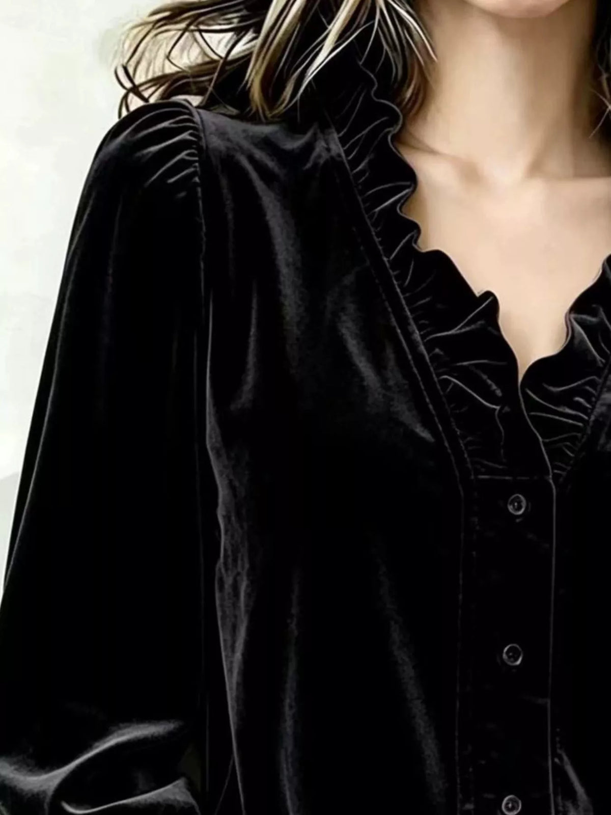V-Neck Ruffled Velvet Button Down Blouse