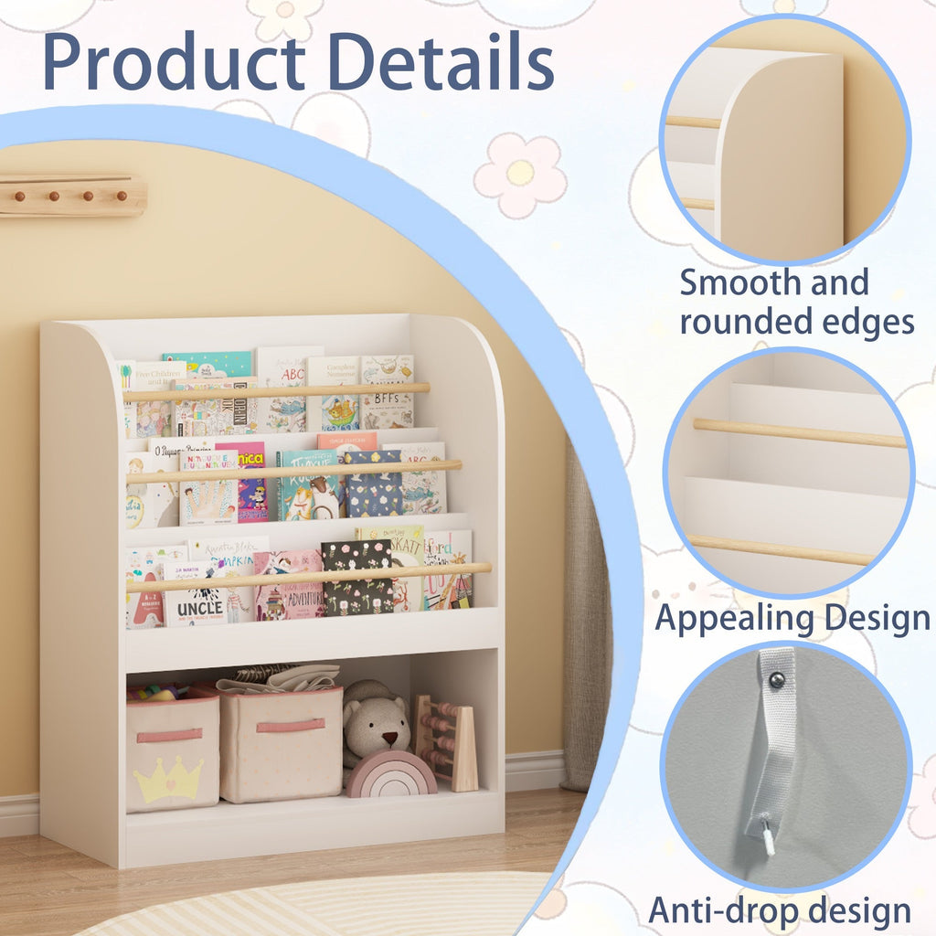 Kids Bookshelf with 3-Tier Front-Facing Display & Toy Storage