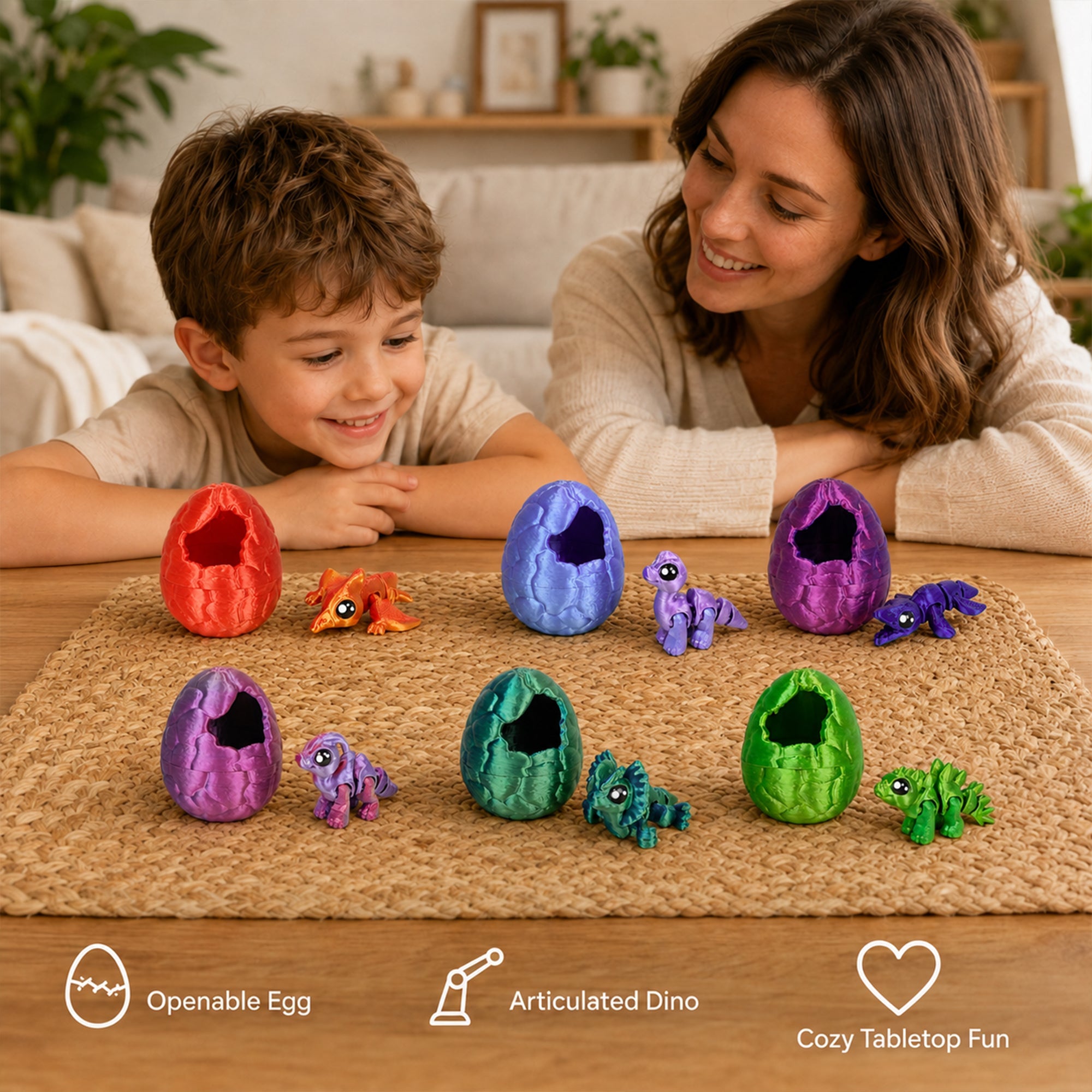 6PCS 3D Printed Articulated Dinosaurs With 6 Openable Dinosaur Eggs Assorted Colors
