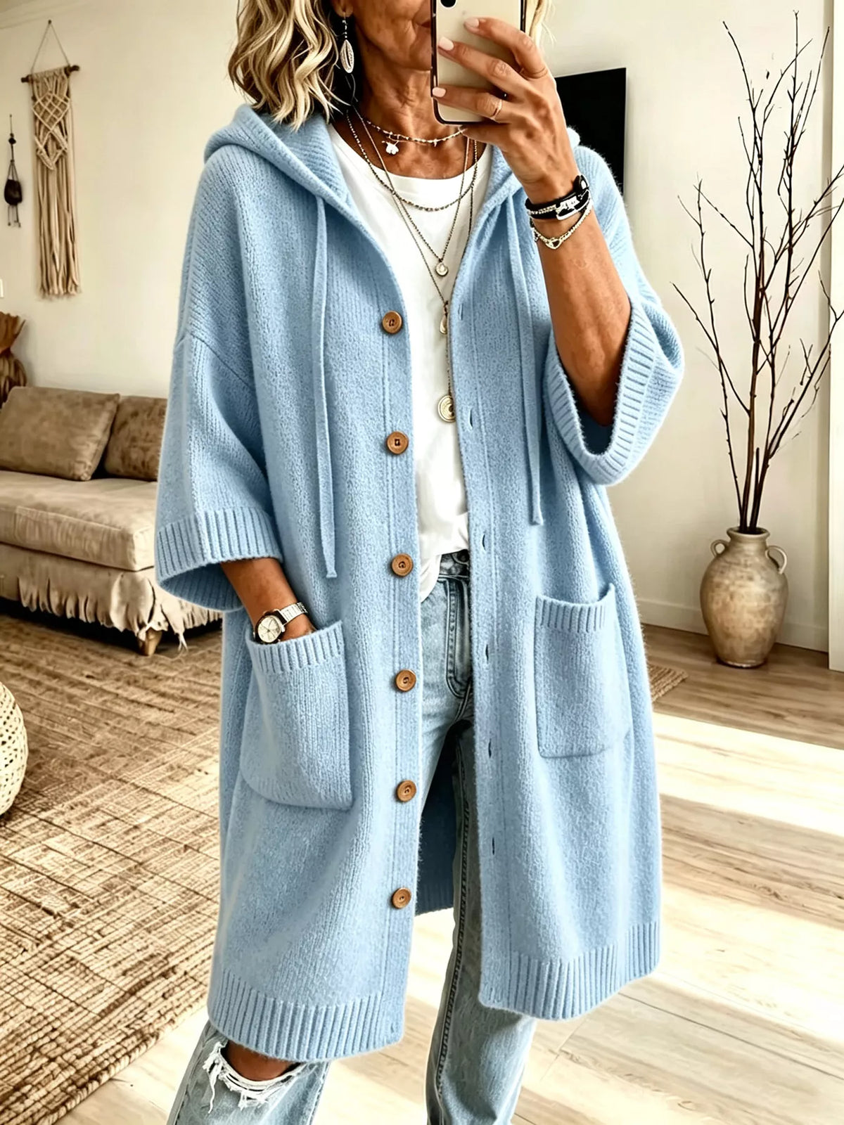 Hooded Button-Down Knit Cardigan with Pockets