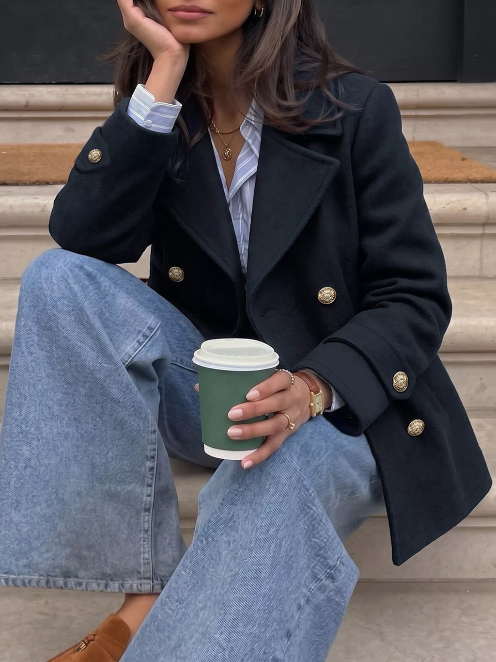 Double-Breasted Gold Button Blazer